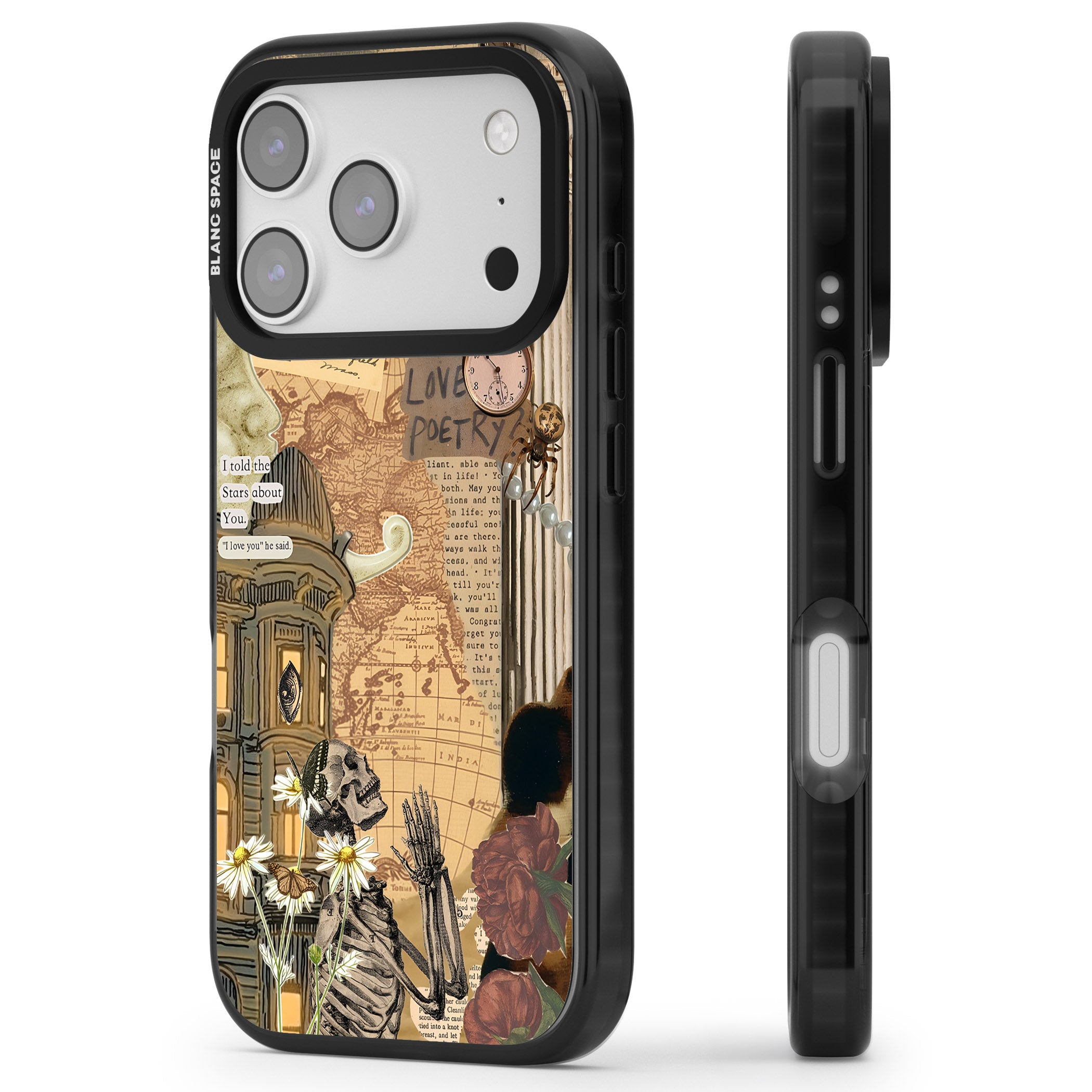 Skeleton Poetry iPhone 17 Pro Impact Black Phone Case Side Profile