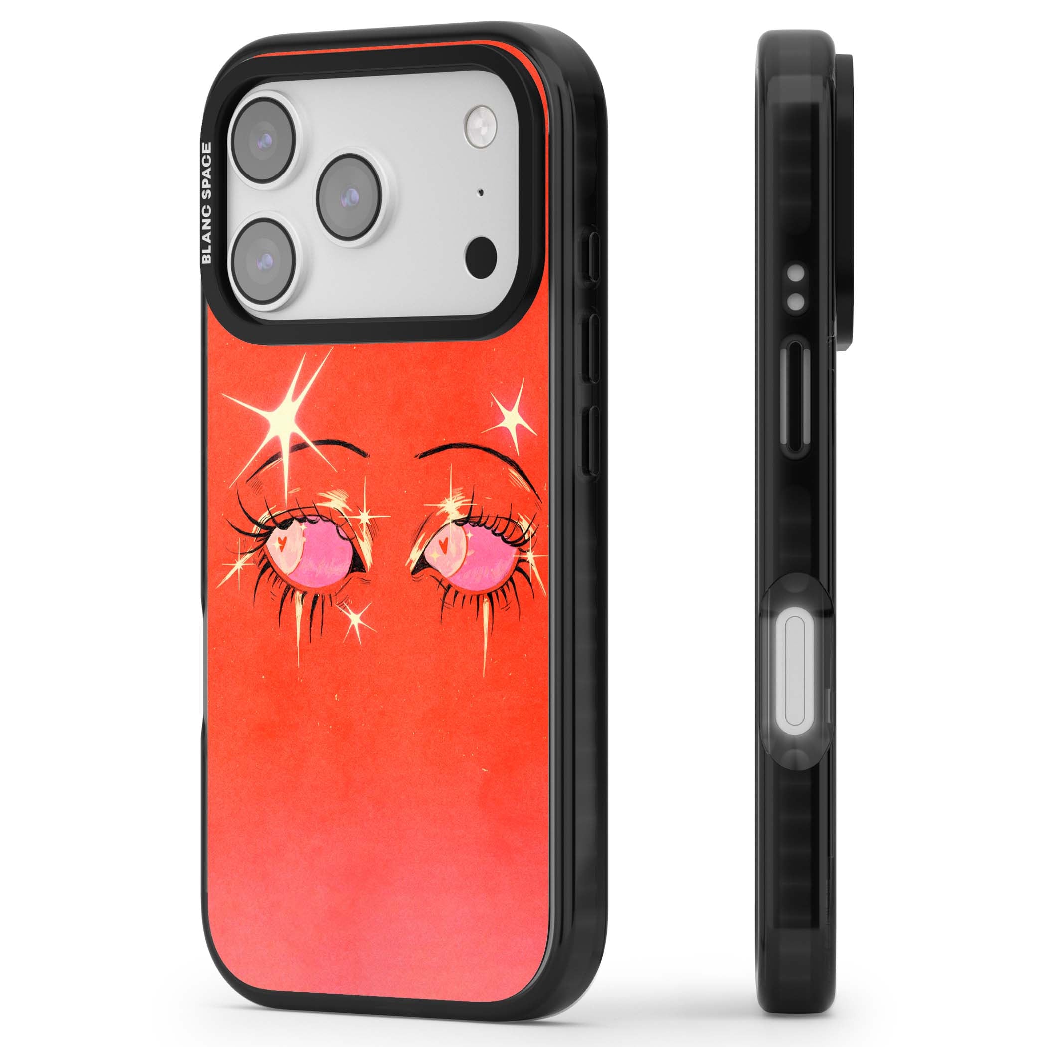 Pink Ethereal Eyes anime iPhone case featuring hand-drawn sparkly eyes with pink hearts and gold stars on red | Clear Impact case for iPhone 17 Pro, iPhone 17 Pro Max
