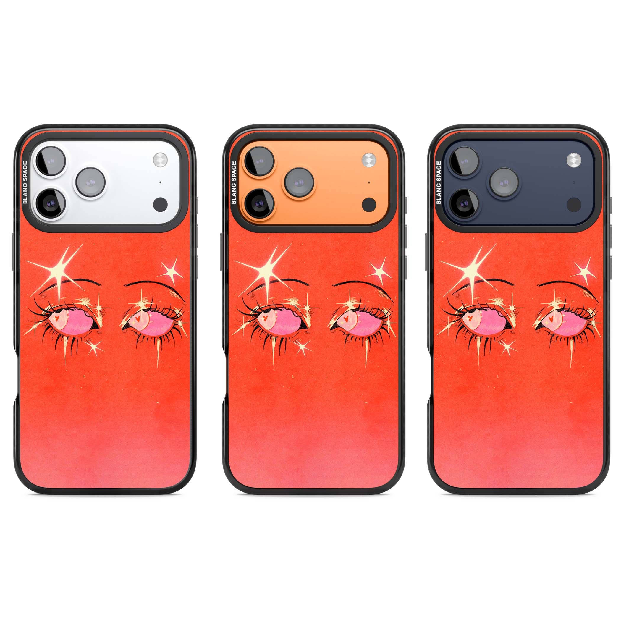 Pink Ethereal Eyes anime iPhone case featuring hand-drawn sparkly eyes with pink hearts and gold stars on red | Clear Impact case for iPhone 17 Pro, iPhone 17 Pro Max