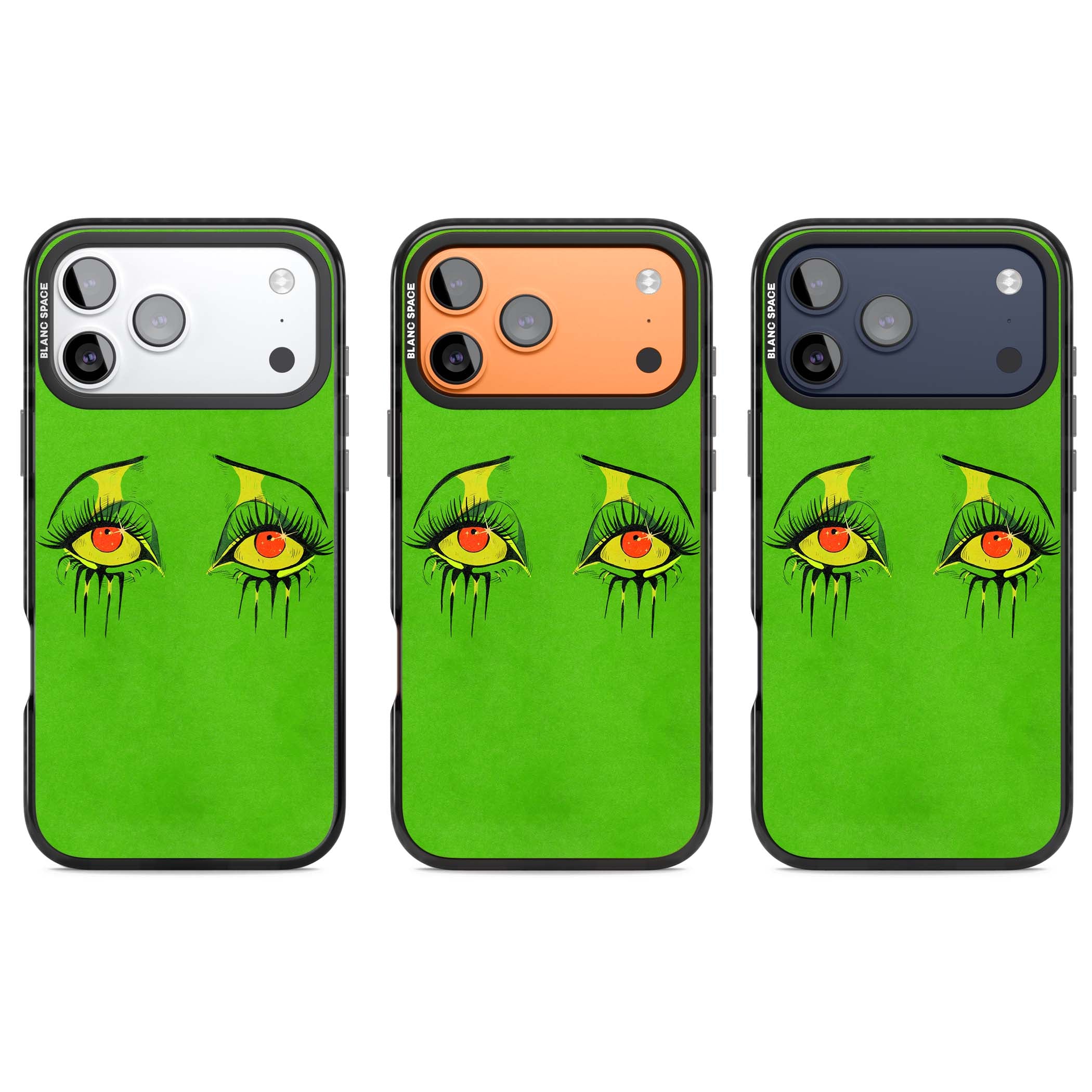 Green Enchanted Eyes psychedelic art iPhone case featuring hand-drawn dripping eyes on neon green background | Clear Impact case for iPhone 17 Pro, iPhone 17 Pro Max