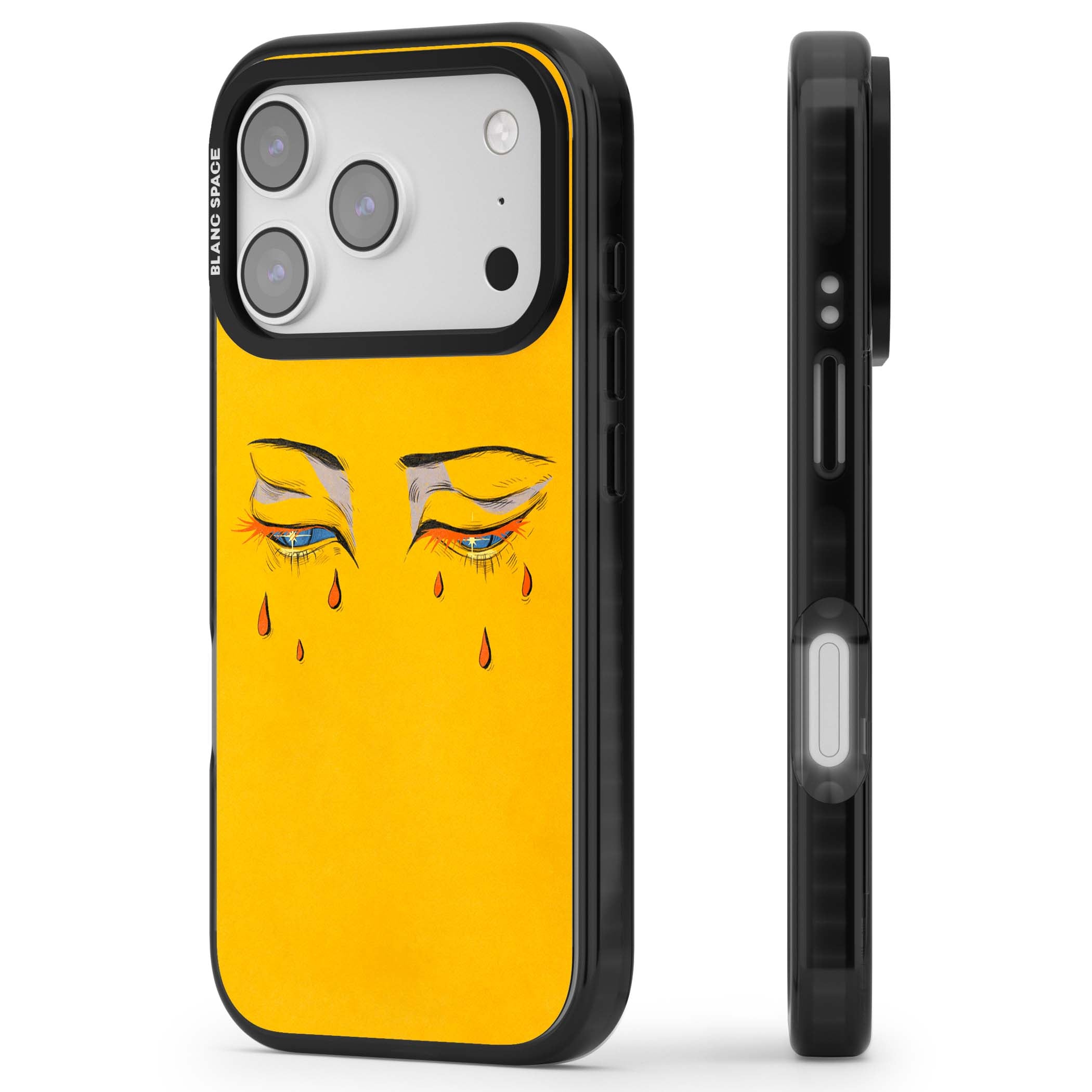 Yellow Tearful Eyes indie iPhone case featuring hand-drawn crying eyes with orange tears on a yellow background | Clear Impact case for iPhone 17 Pro, iPhone 17 Pro Max