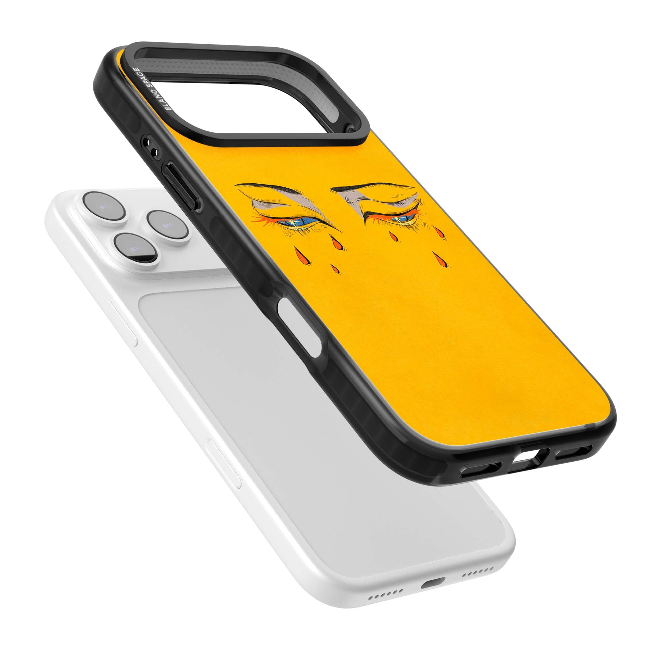 Yellow Tearful Eyes indie iPhone case featuring hand-drawn crying eyes with orange tears on a yellow background | Clear Impact case for iPhone 17 Pro, iPhone 17 Pro Max