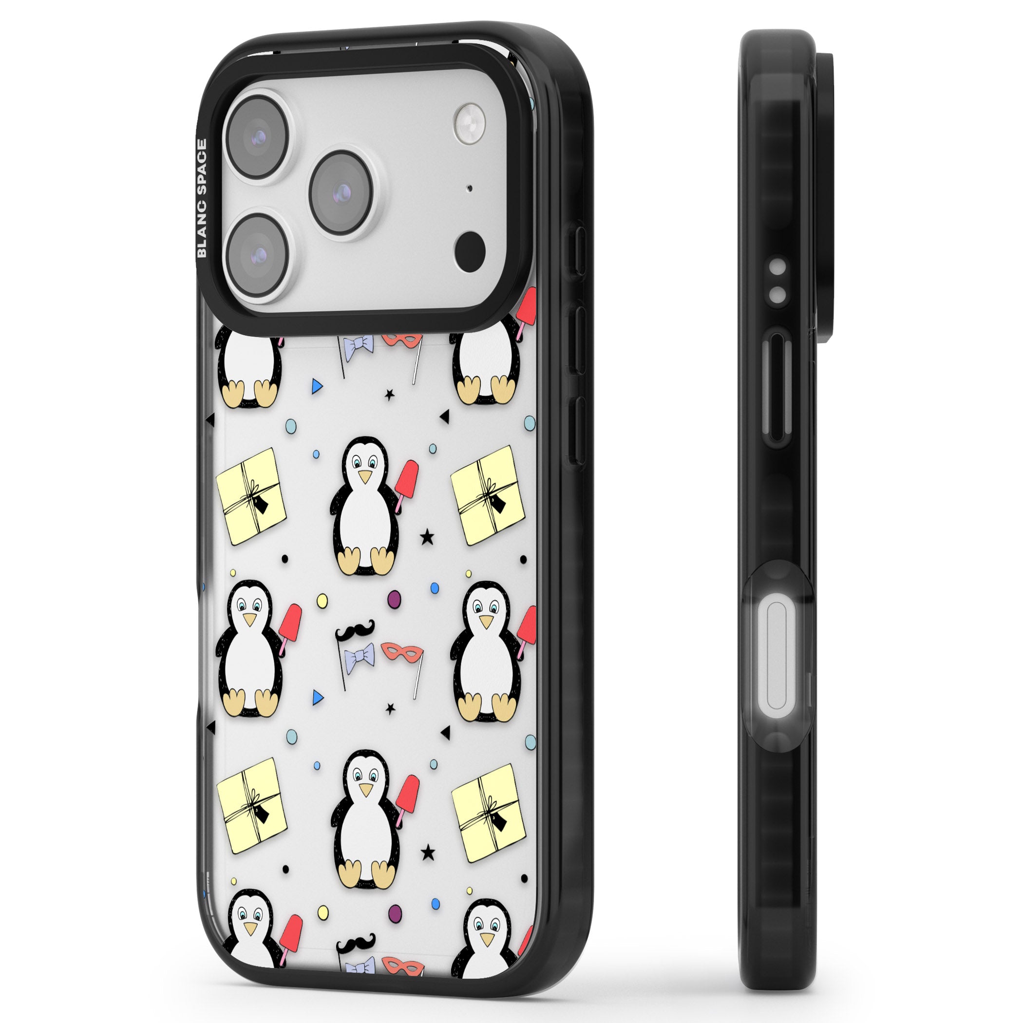 Cute Penguin Pattern Clear iPhone 17 Pro Impact Black Phone Case Side Profile