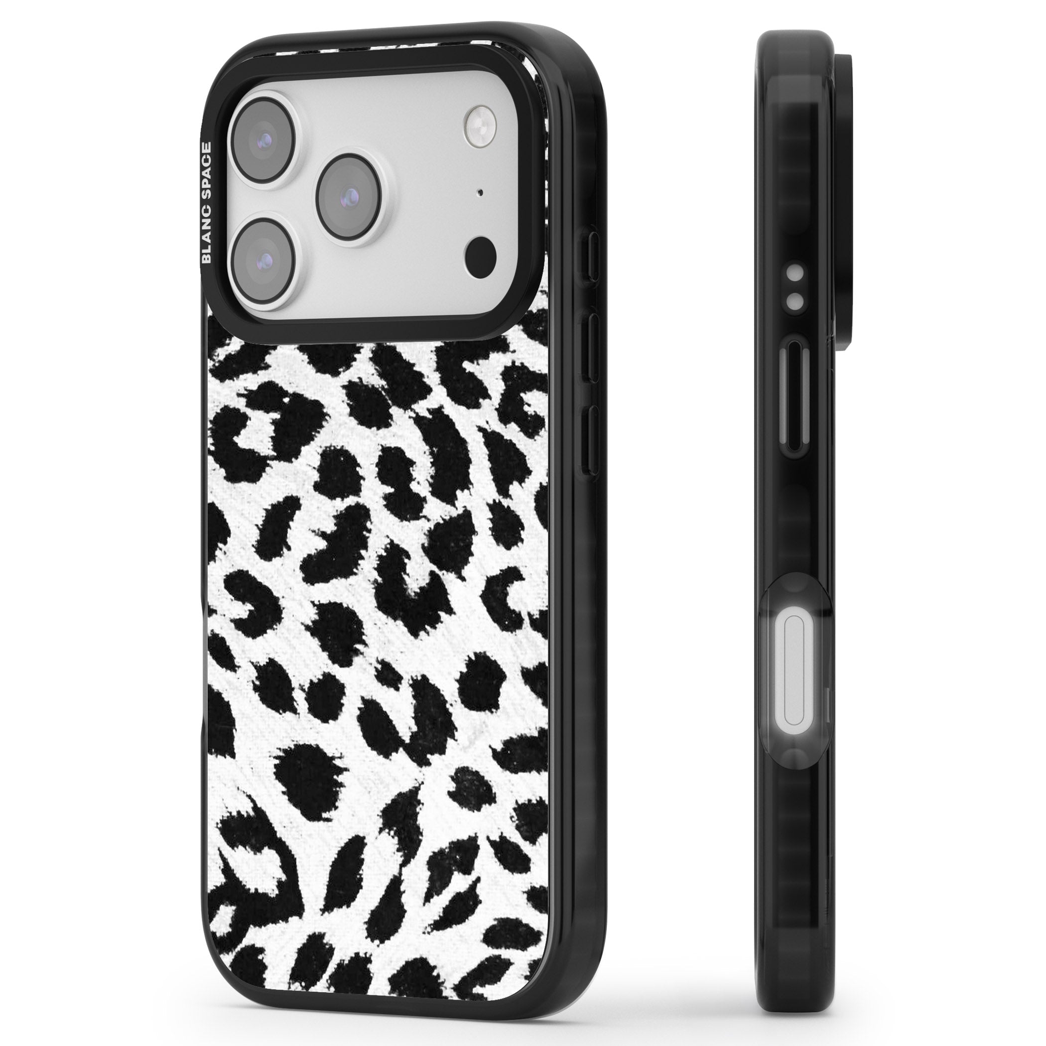 Rar Leopard Print White iPhone 17 Pro Impact Black Phone Case Side Profile