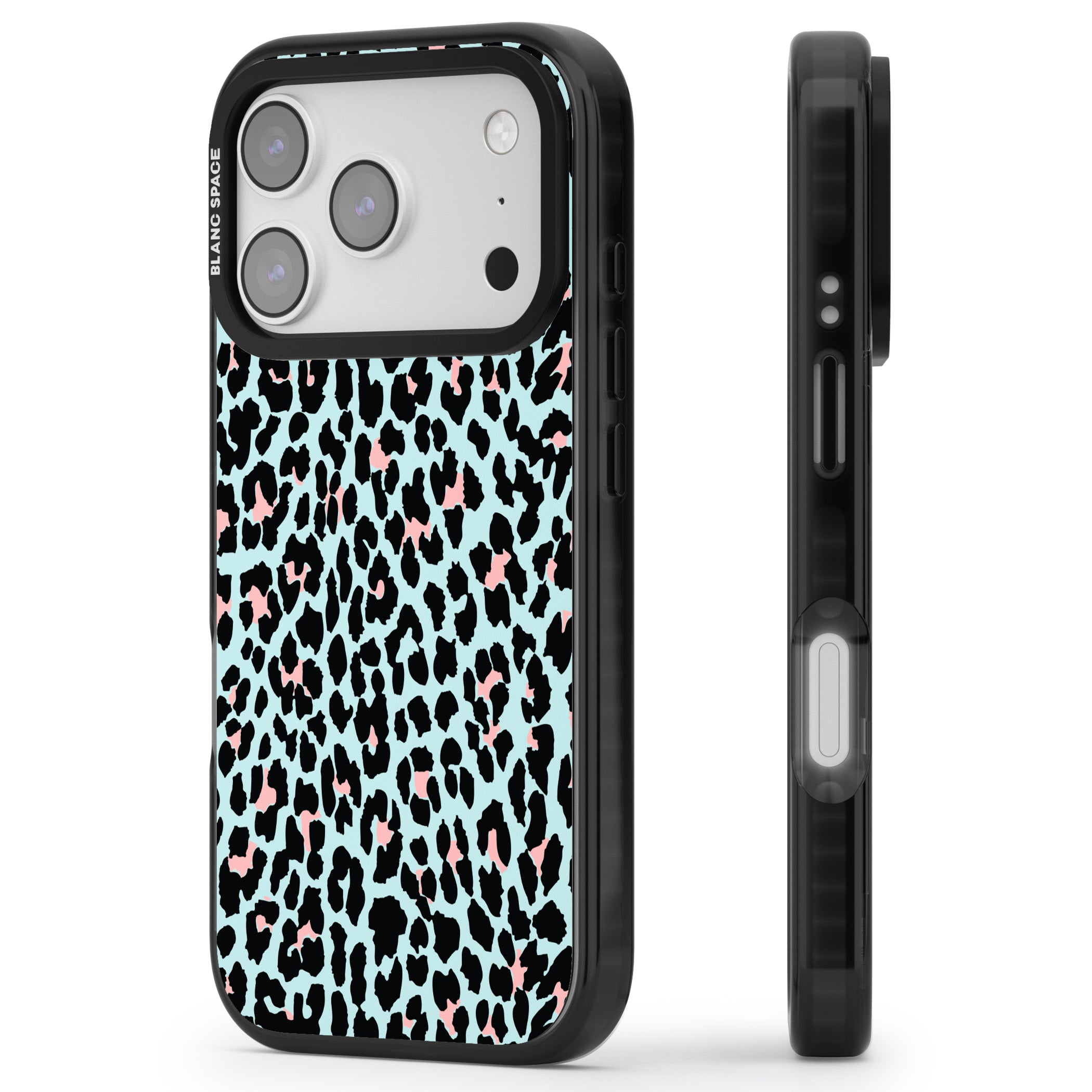 Pastel Blue & Pink Leopard Print iPhone 17 Pro Impact Black Phone Case Side Profile