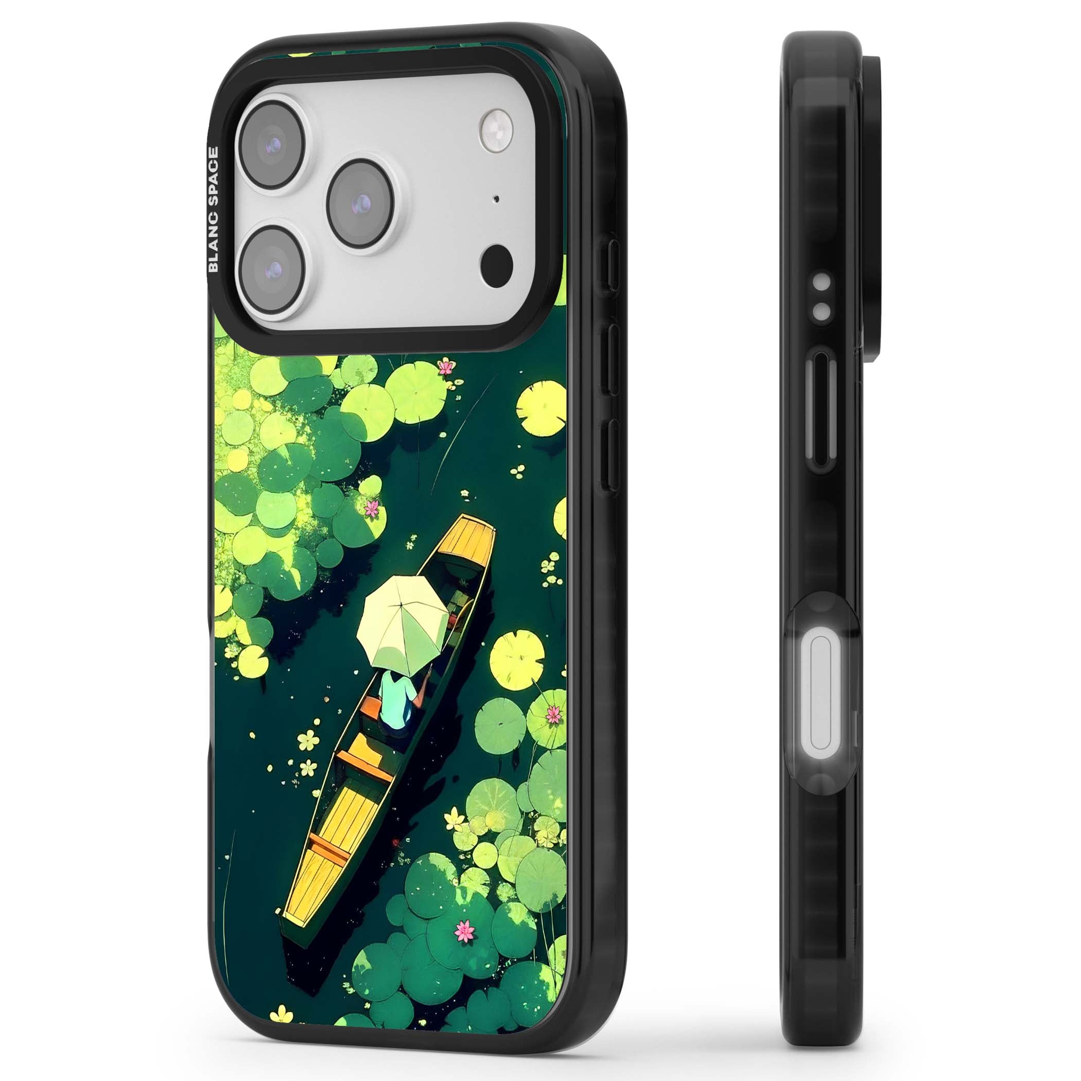Jade Waters cottagecore iPhone case featuring a painted lily pond, wooden boat with parasol and floating water lilies | Clear Impact case for iPhone 17 Pro, iPhone 17 Pro Max