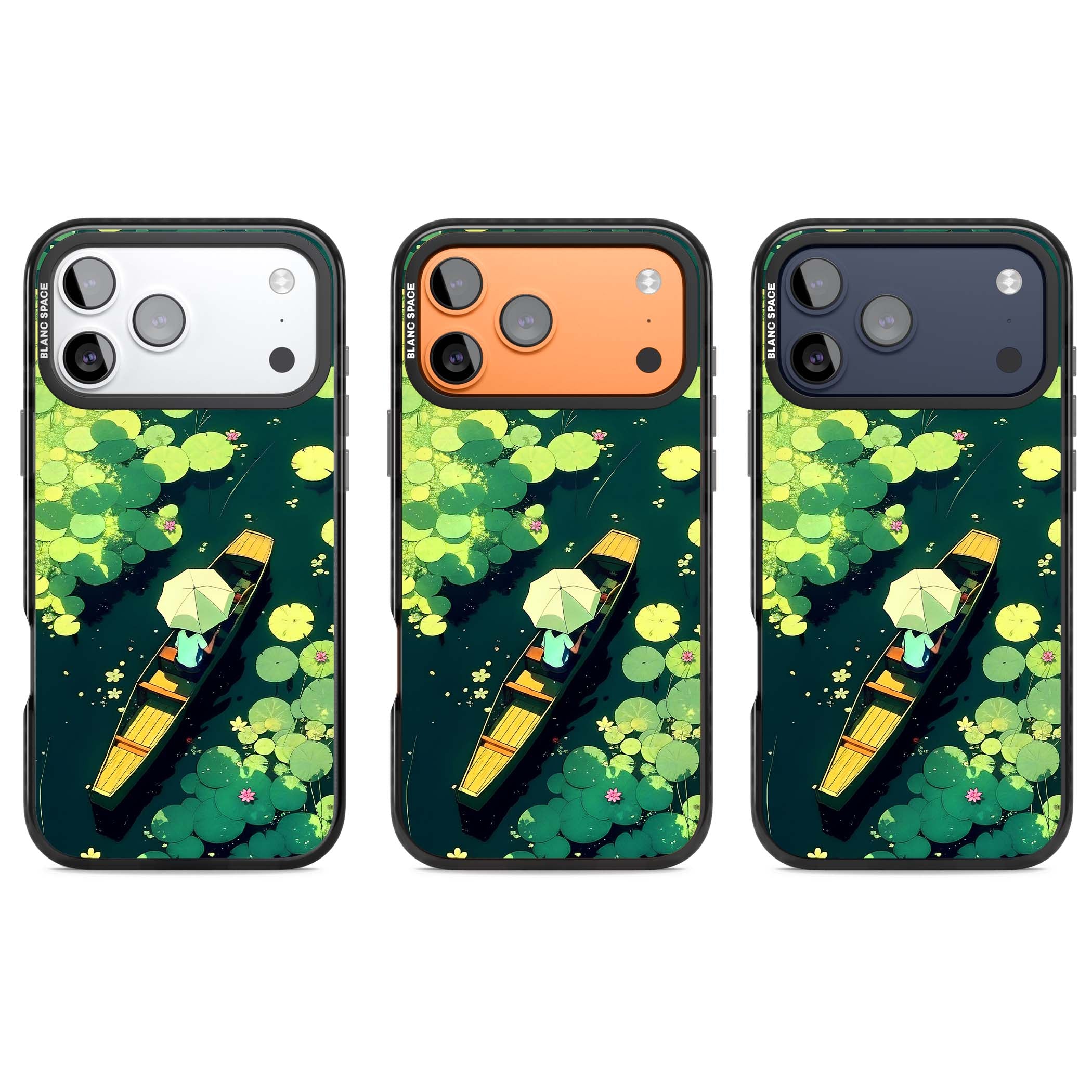 Jade Waters cottagecore iPhone case featuring a painted lily pond, wooden boat with parasol and floating water lilies | Clear Impact case for iPhone 17 Pro, iPhone 17 Pro Max