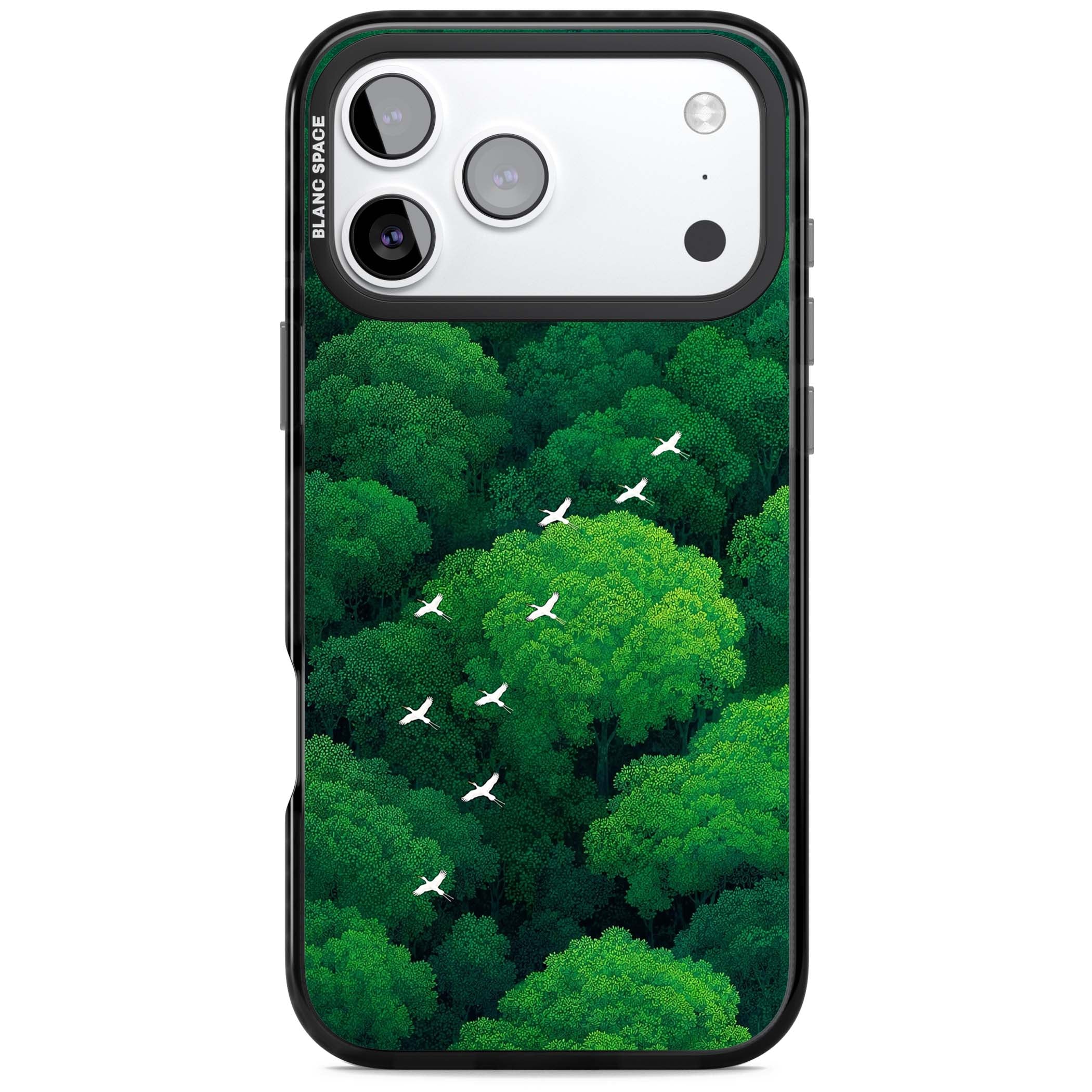 Grove Migration forest iPhone case featuring white cranes flying over lush green treetop canopy | Clear Impact case for iPhone 17 Pro, iPhone 17 Pro Max