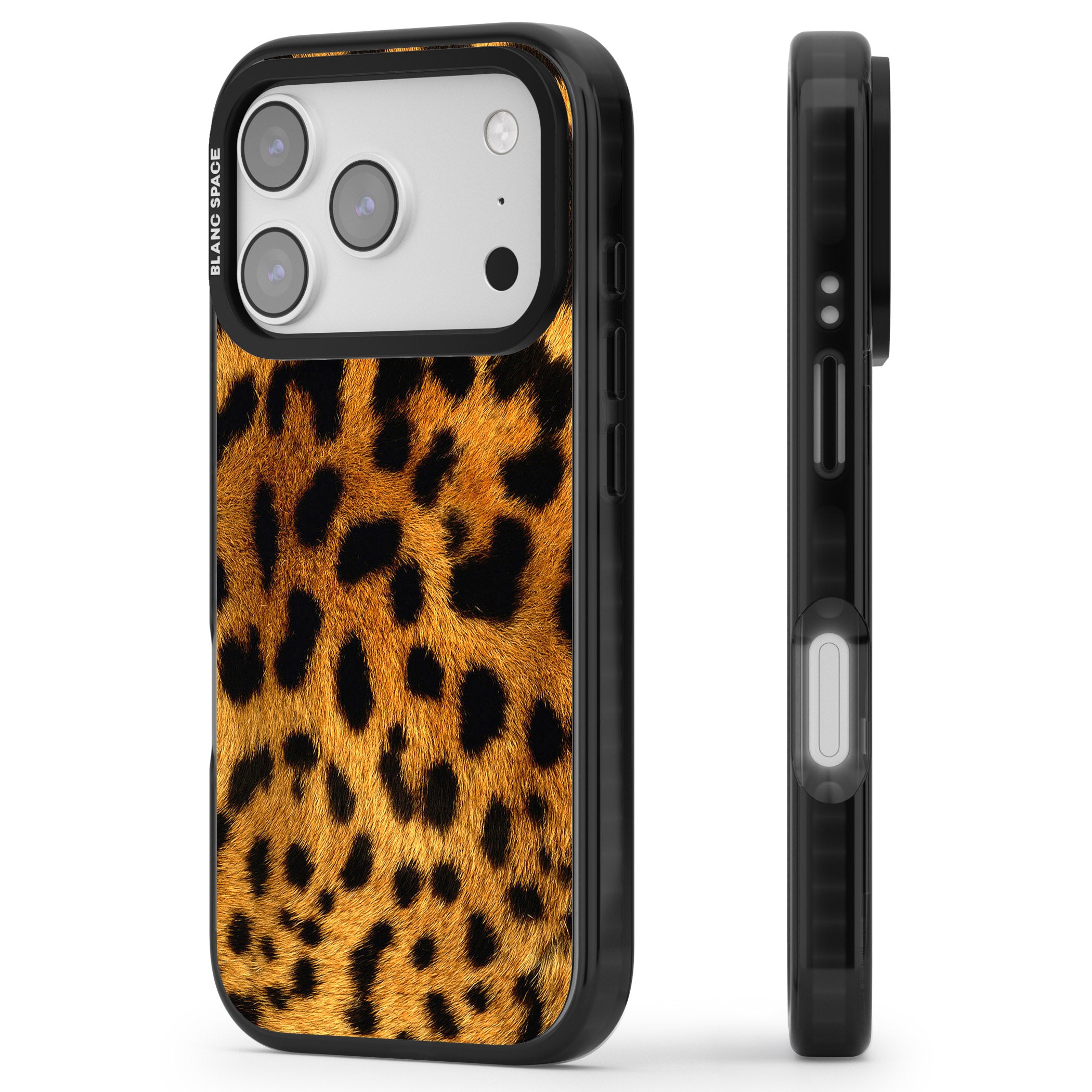 Leopard Print iPhone 17 Pro Max Impact Black Phone Case Side Profile