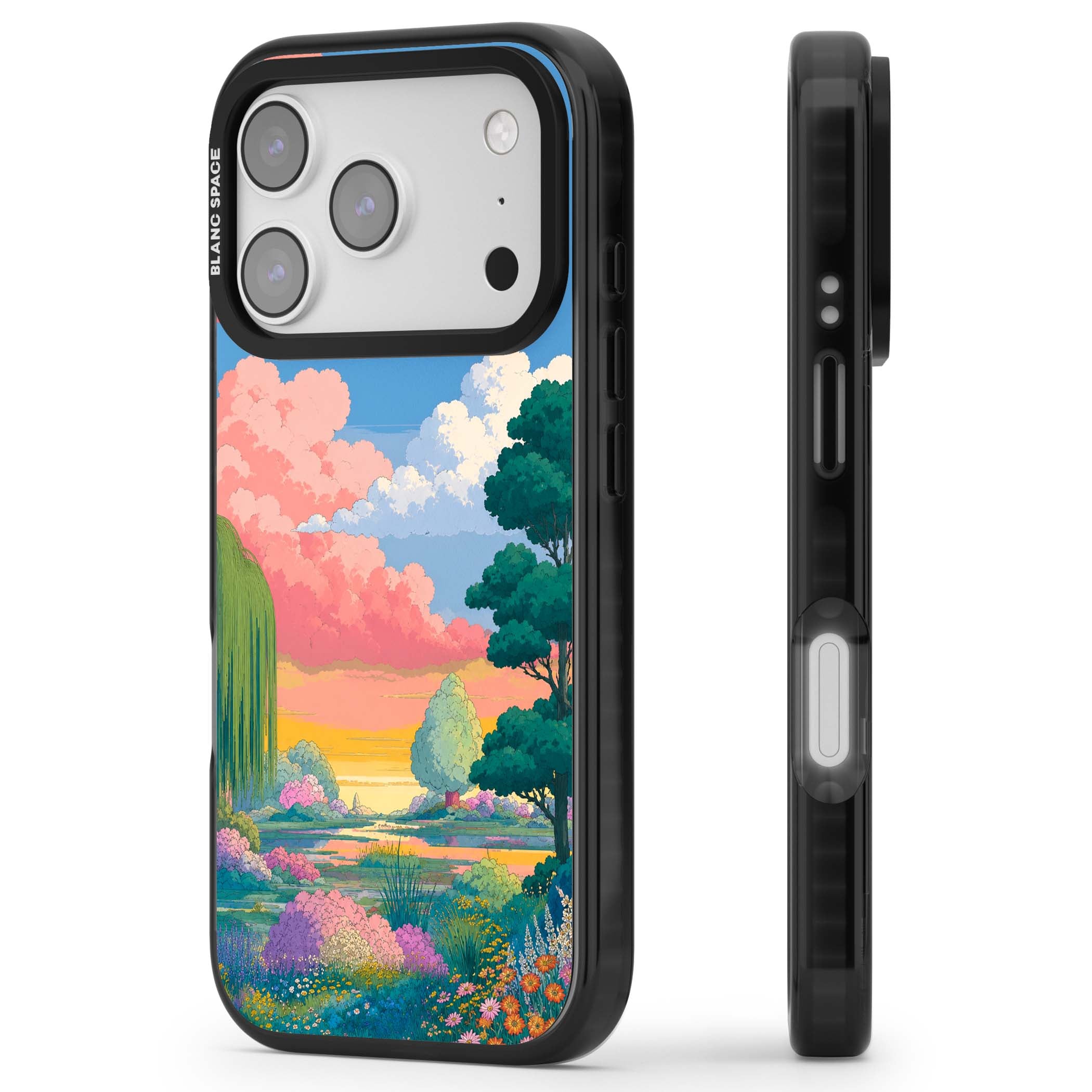 Dream Valley anime landscape iPhone case featuring pink sunset clouds, willow trees and wildflowers | Clear Impact case for iPhone 17 Pro, iPhone 17 Pro Max