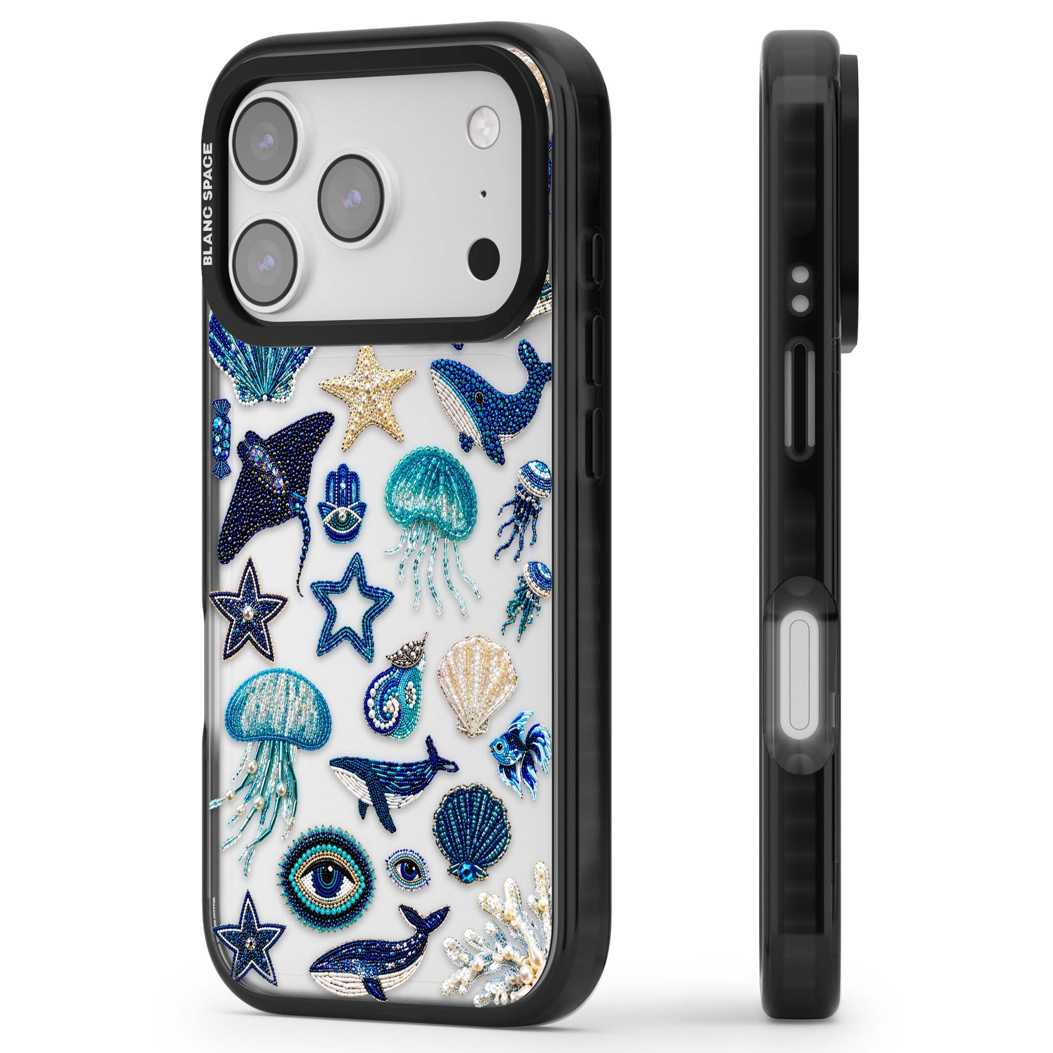 Beaded Coastal coastal iPhone case featuring embroidered seashells, jellyfish and a blue whale on clear | Clear Impact case for iPhone 17 Pro, iPhone 17 Pro Max
