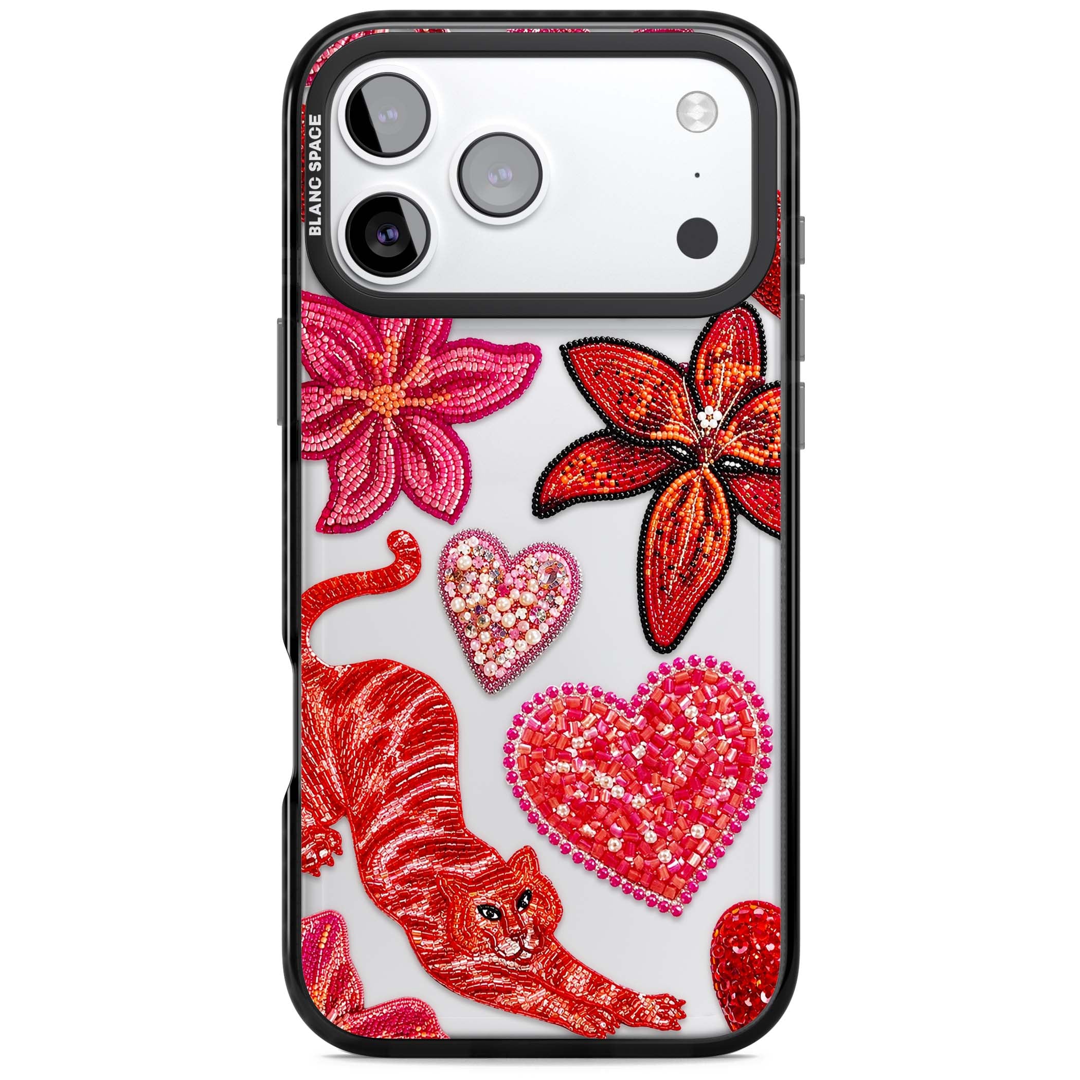 Beaded Boho floral iPhone case featuring beaded red lilies, a stitched tiger, and pearl-encrusted hearts on clear | Clear Impact case for iPhone 17 Pro, iPhone 17 Pro Max