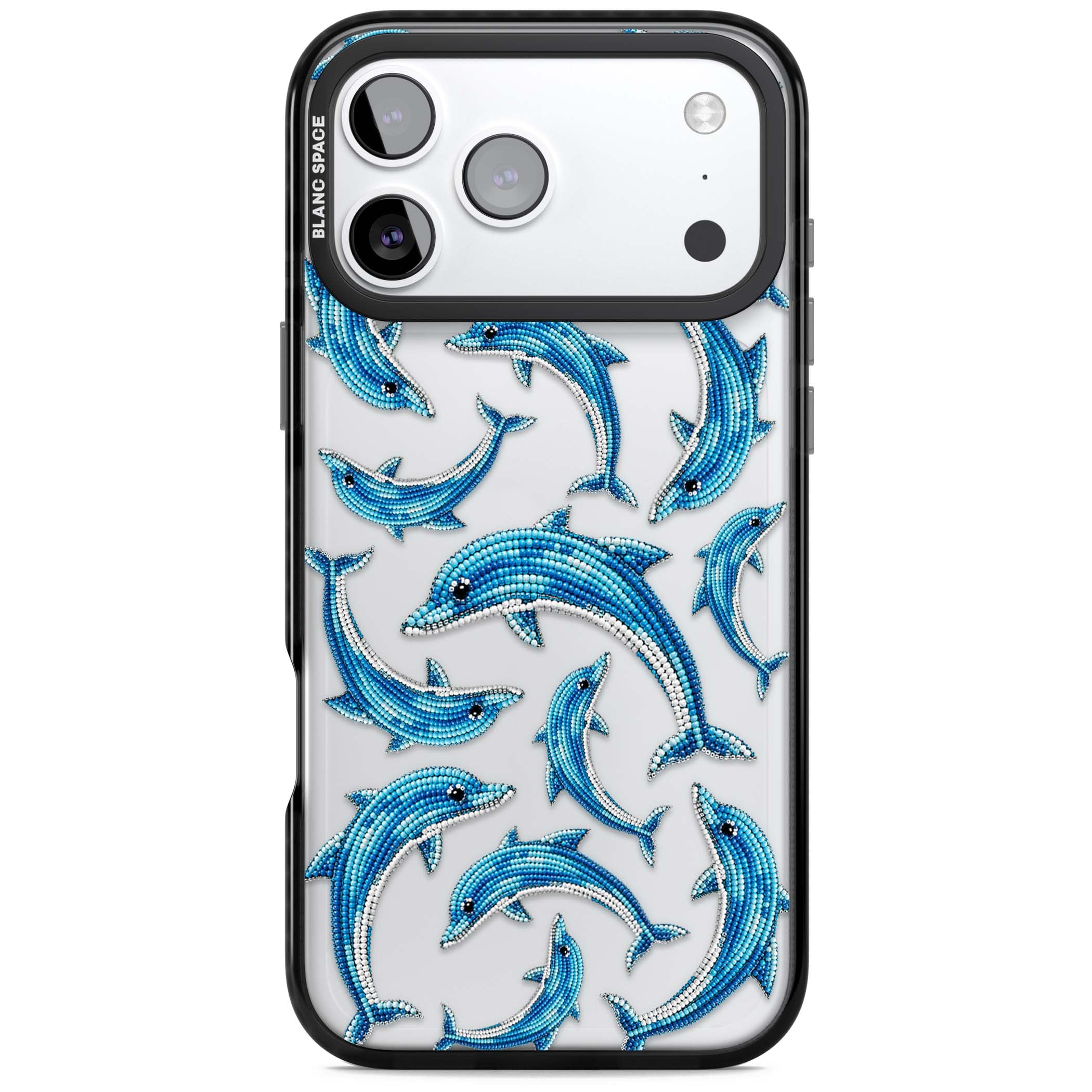 Beaded Dolphins coastal iPhone case featuring beaded dolphins in blue and white swimming across a clear background | Clear Impact case for iPhone 17 Pro, iPhone 17 Pro Max