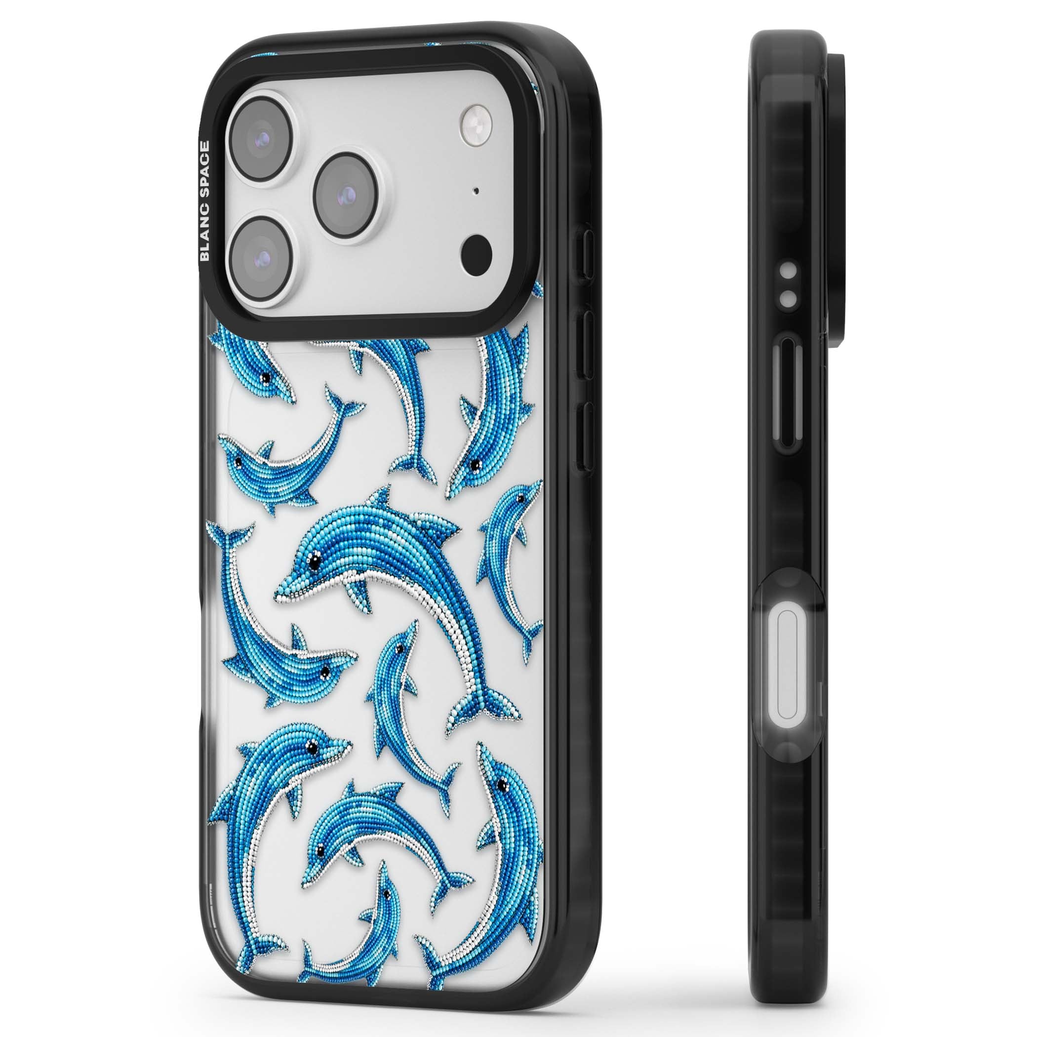 Beaded Dolphins coastal iPhone case featuring beaded dolphins in blue and white swimming across a clear background | Clear Impact case for iPhone 17 Pro, iPhone 17 Pro Max