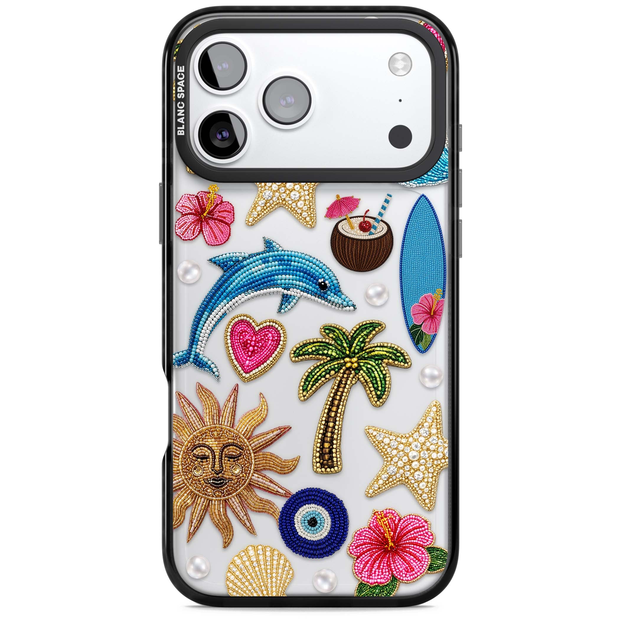 Beaded Beach coastal summer iPhone case featuring embroidered evil eye, hibiscus flowers, dolphin and palm tree patches | Clear Impact case for iPhone 17 Pro, iPhone 17 Pro Max