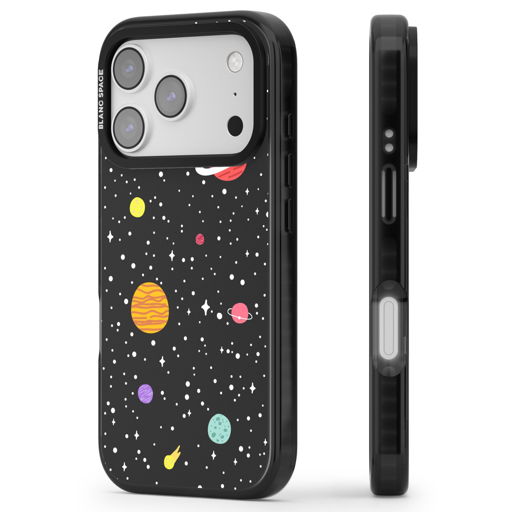 Cute Cartoon Planets iPhone 17 Pro Impact Black Phone Case Side Profile