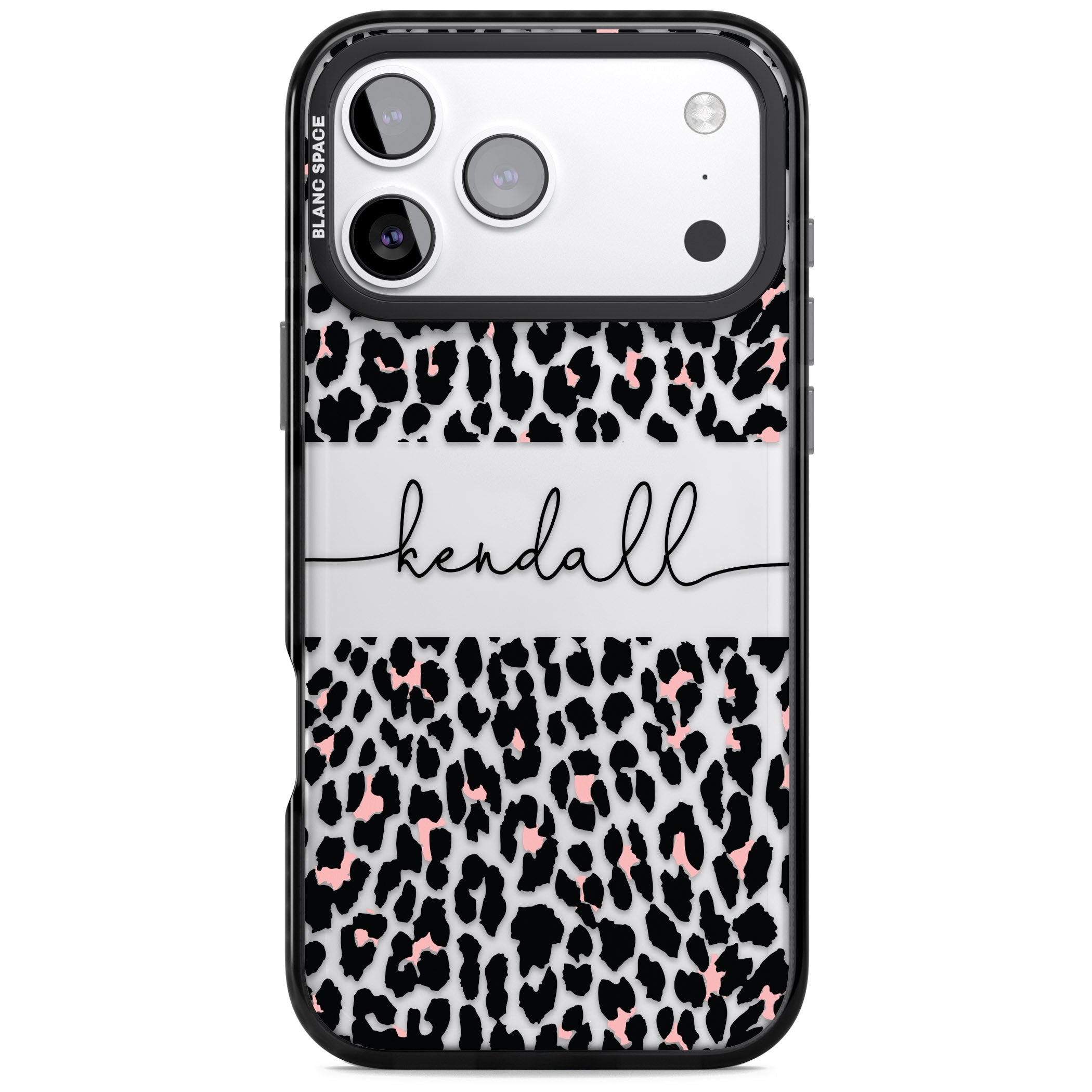 Personalised Cursive Leopard Spots iPhone 17 Pro Impact Black Phone Case