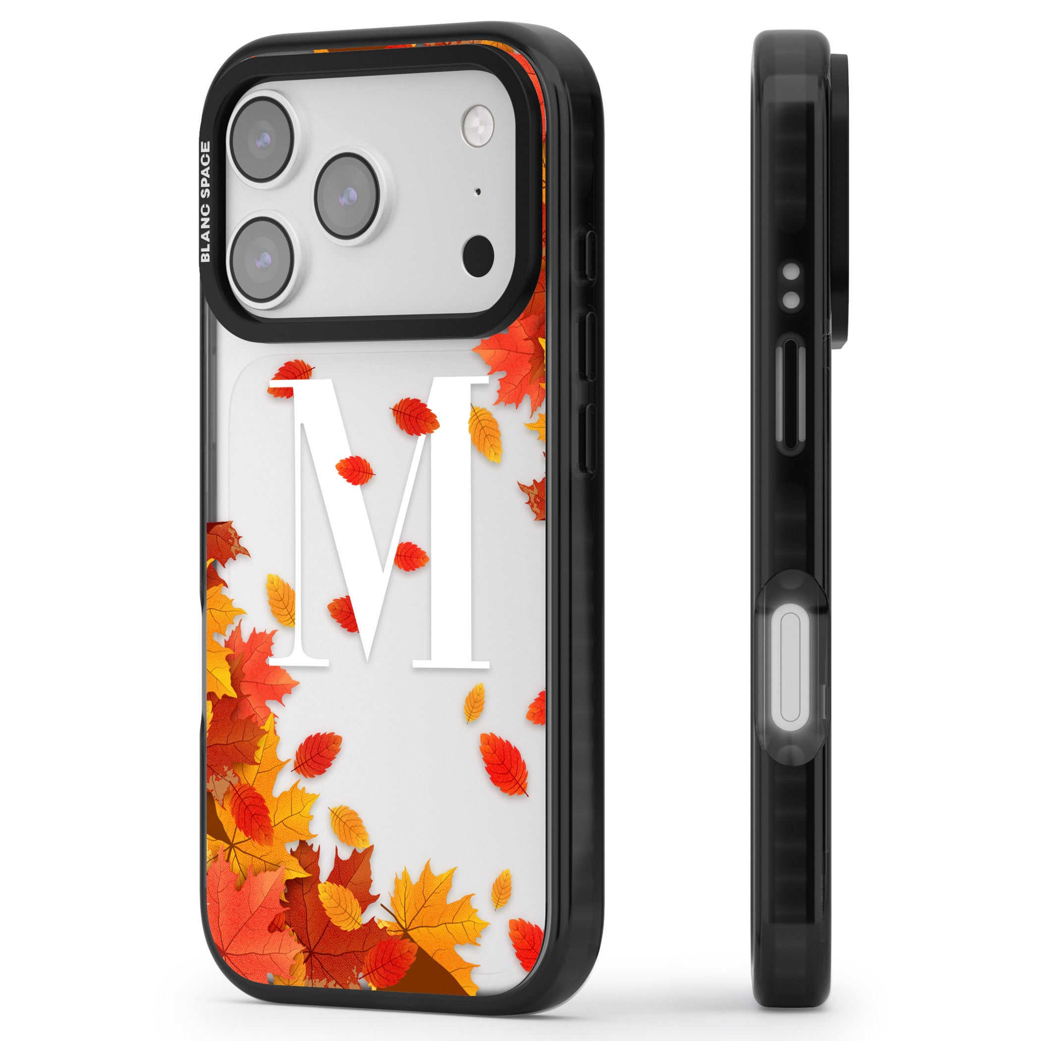 Personalised Autumn Leaves Monogram iPhone 17 Pro Impact Black Phone Case Side Profile