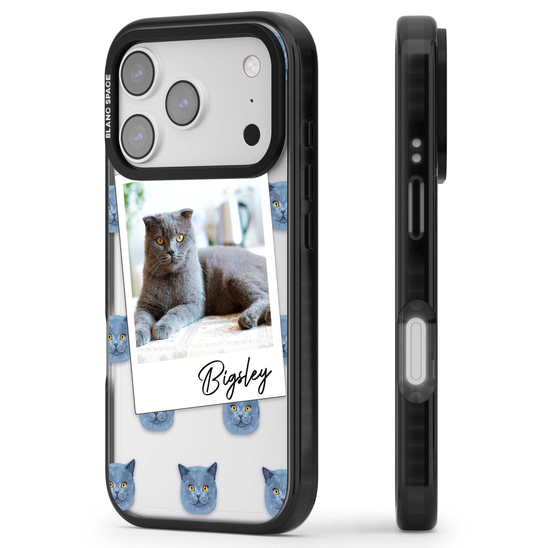 Personalised English Blue Cat Photo iPhone 17 Pro Impact Black Phone Case Side Profile