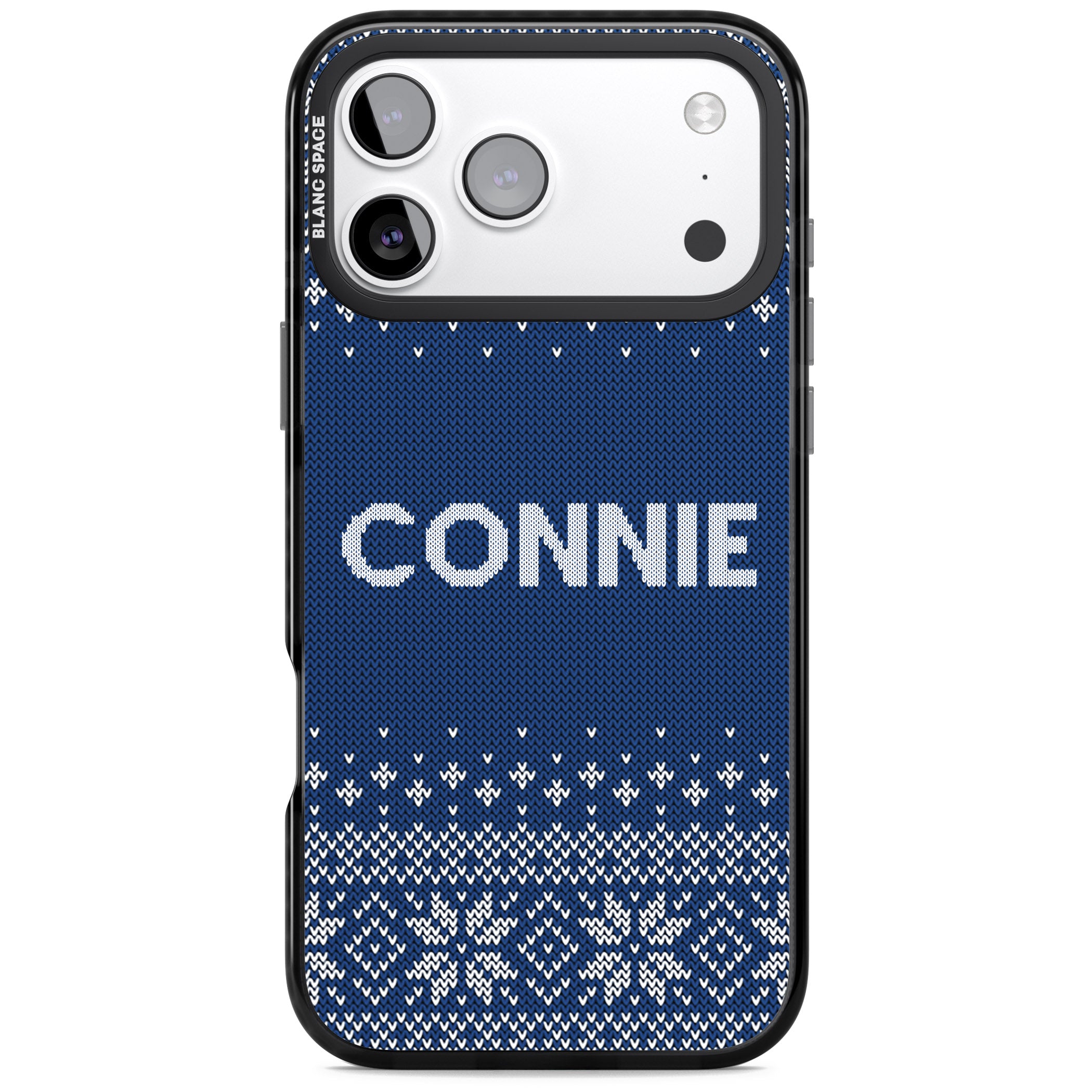 Personalised Blue Knitted Christmas iPhone 17 Pro Impact Black Phone Case