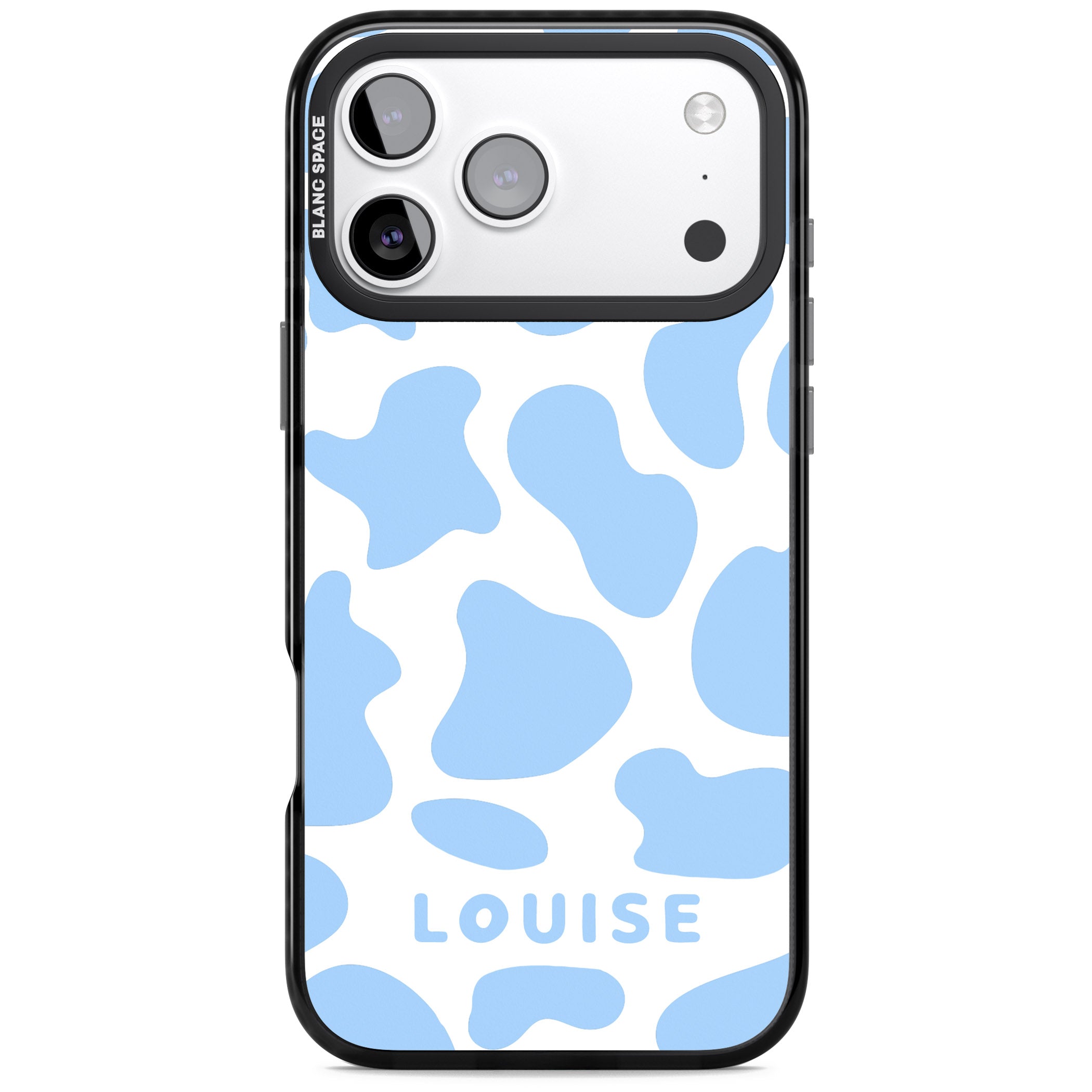 Personalised Blue And White Cow Print iPhone 17 Pro Impact Black Phone Case