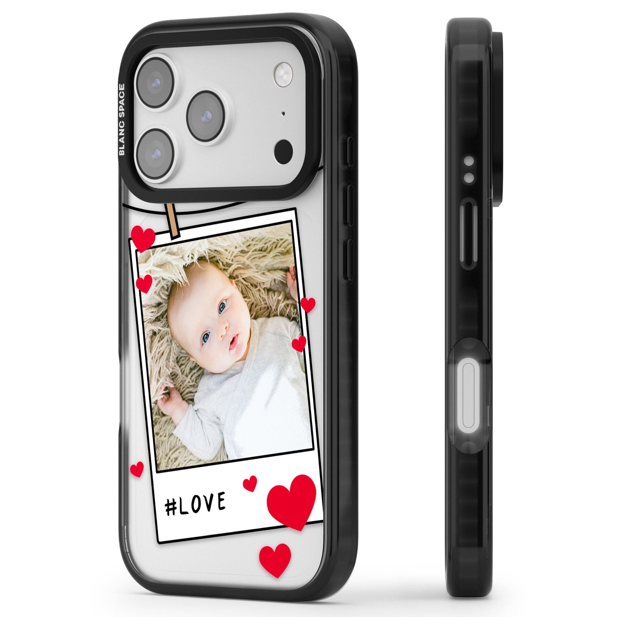 Personalised Paperclip & Hearts Instant Camera Photo iPhone 17 Pro Impact Black Phone Case Side Profile