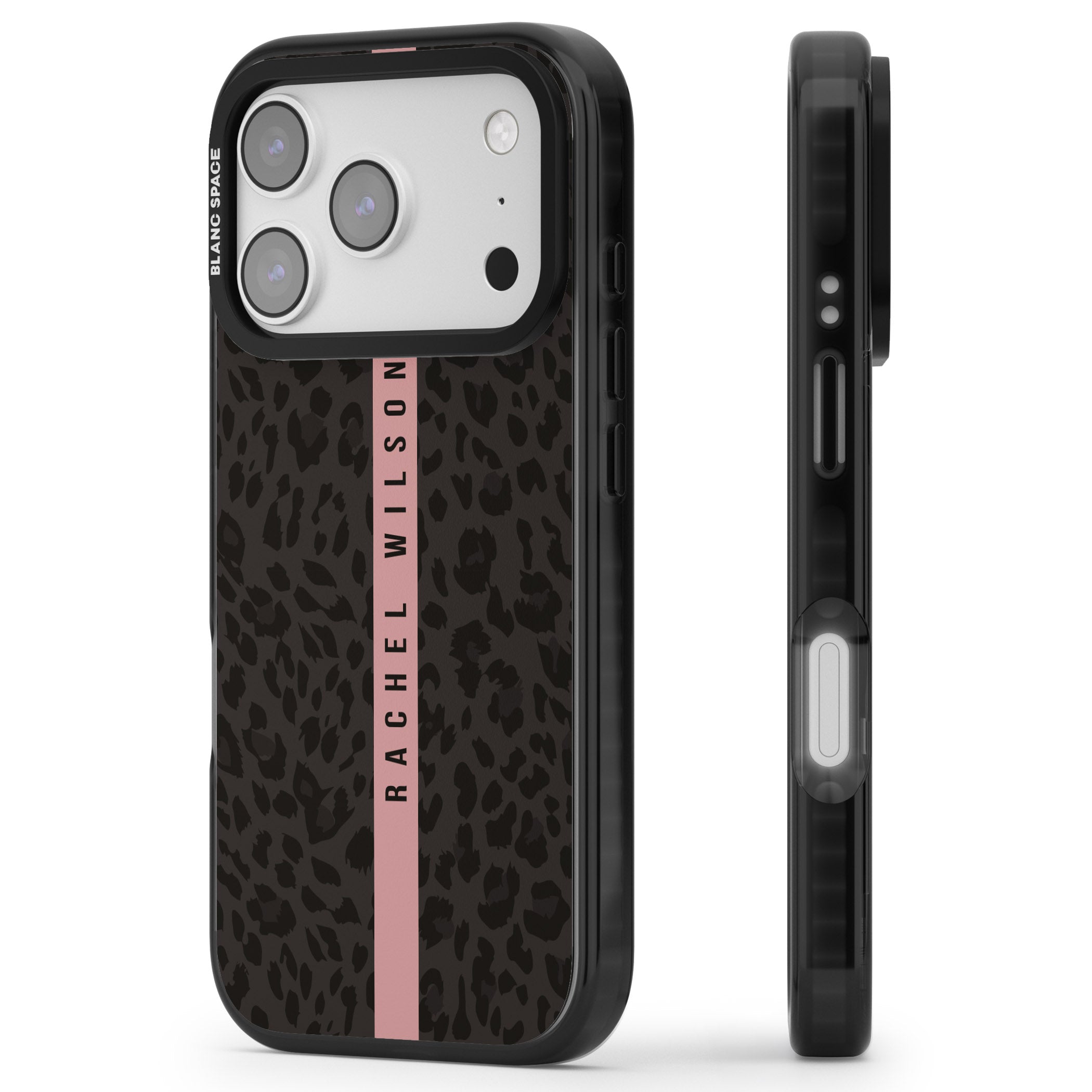 Personalised Pink Stripe Leopard iPhone 17 Pro Impact Black Phone Case Side Profile