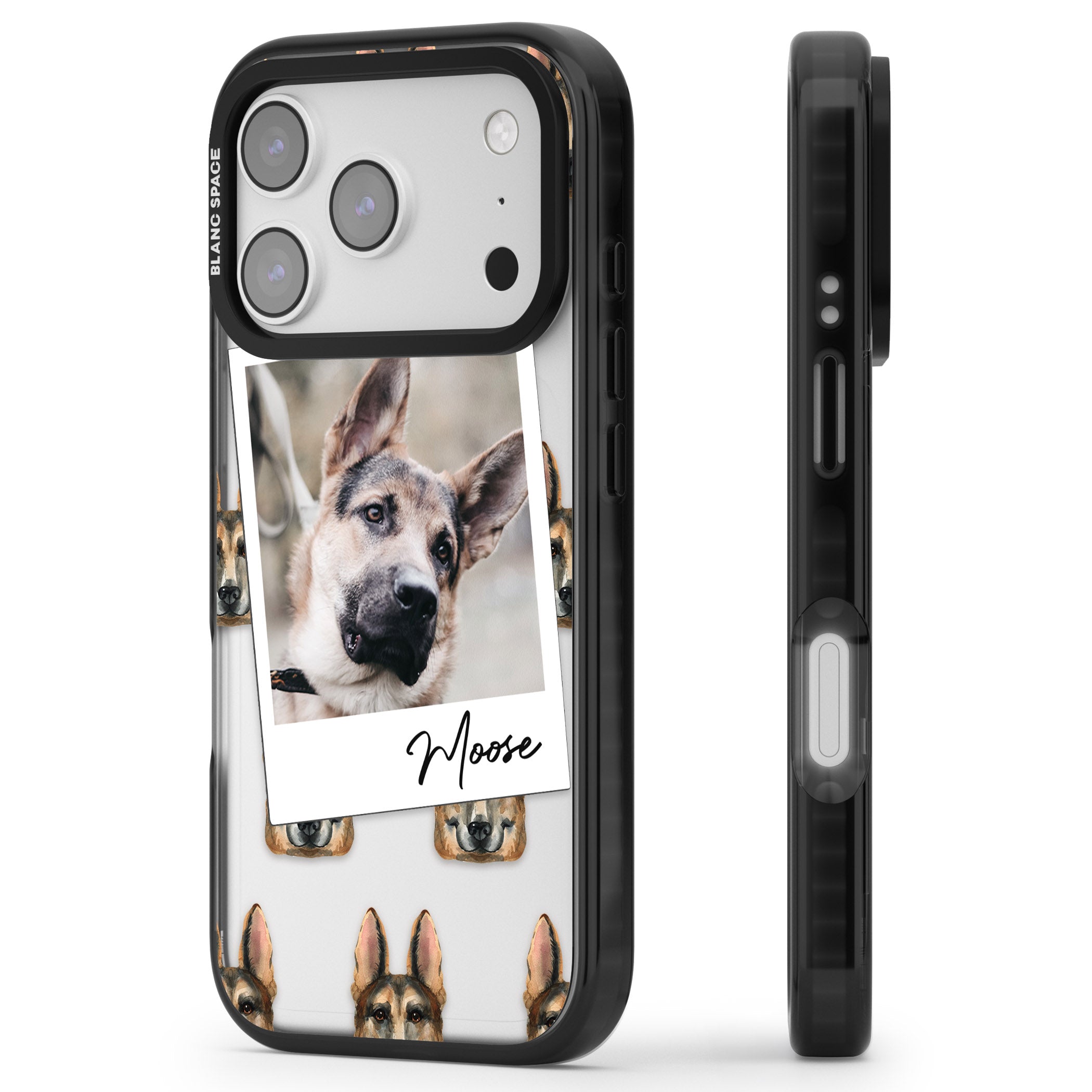 Personalised German Shepherd Instant Camera Photo iPhone 17 Pro Impact Black Phone Case Side Profile