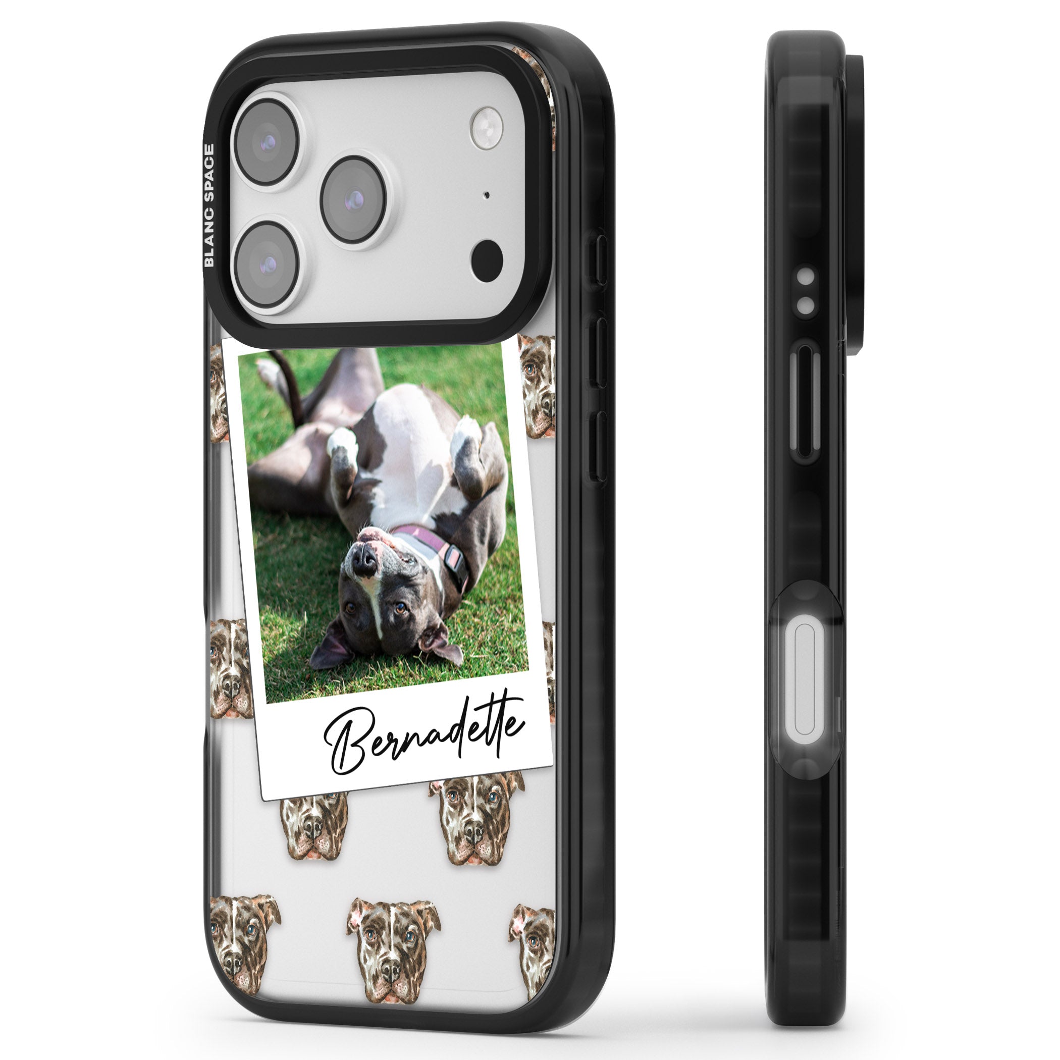Personalised Staffordshire Bull Terrier Instant Camera Photo iPhone 17 Pro Impact Black Phone Case Side Profile