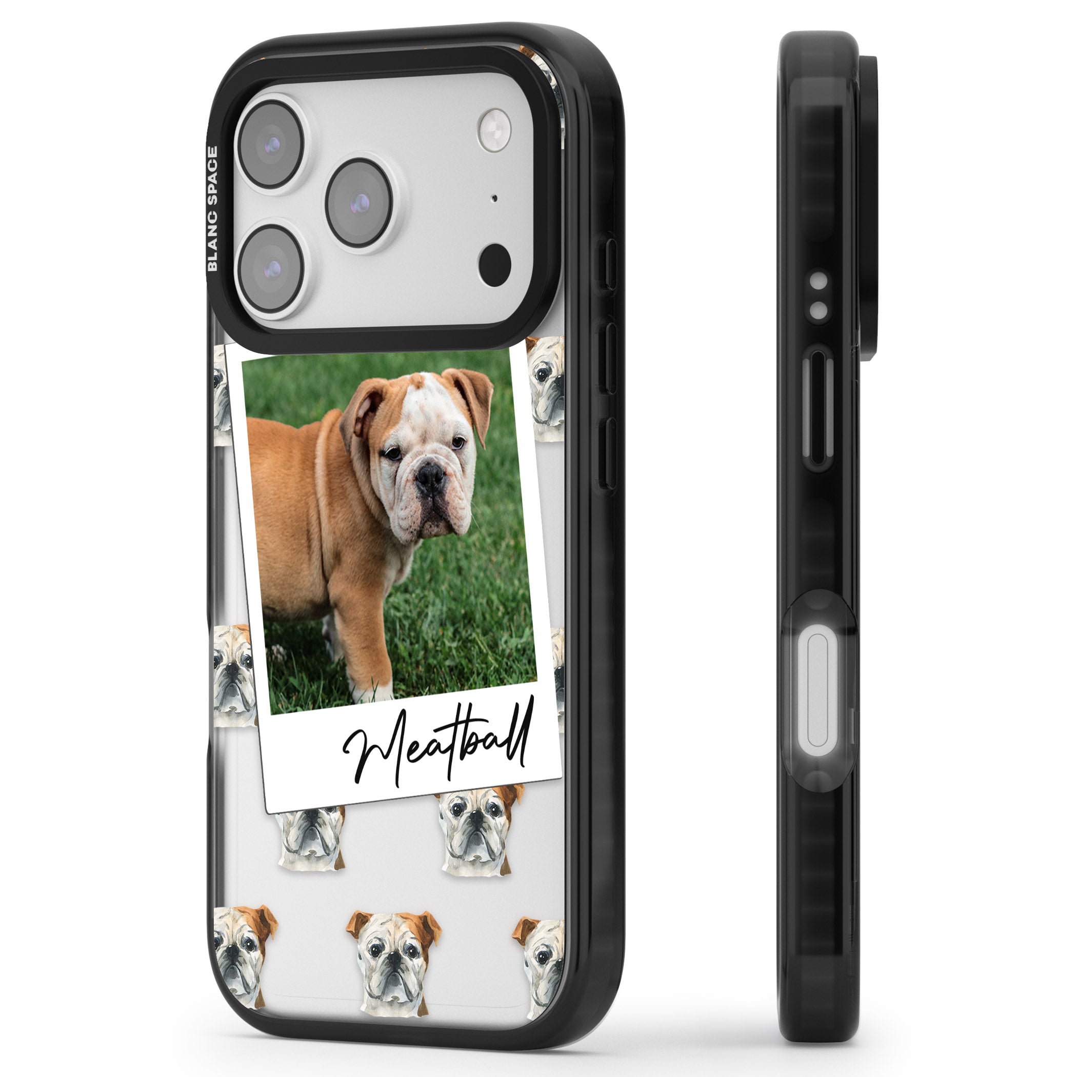 Personalised English Bulldog Instant Camera Photo iPhone 17 Pro Impact Black Phone Case Side Profile