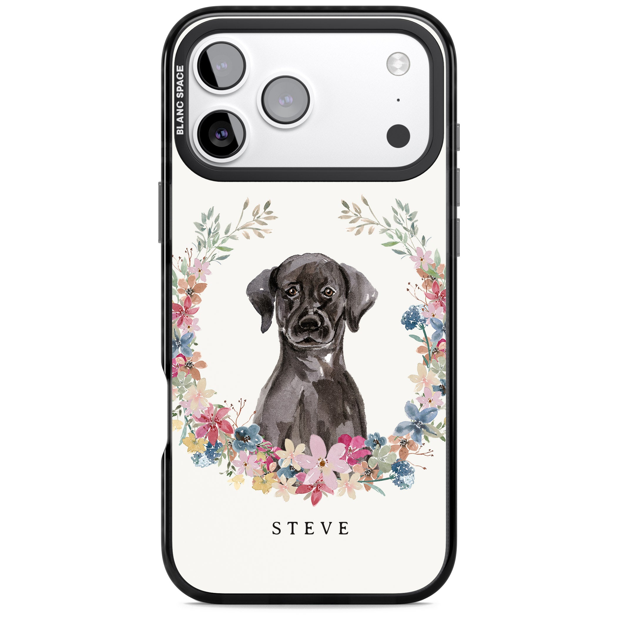 Personalised Black Labrador Floral Portrait iPhone 17 Pro Max Impact Black Phone Case