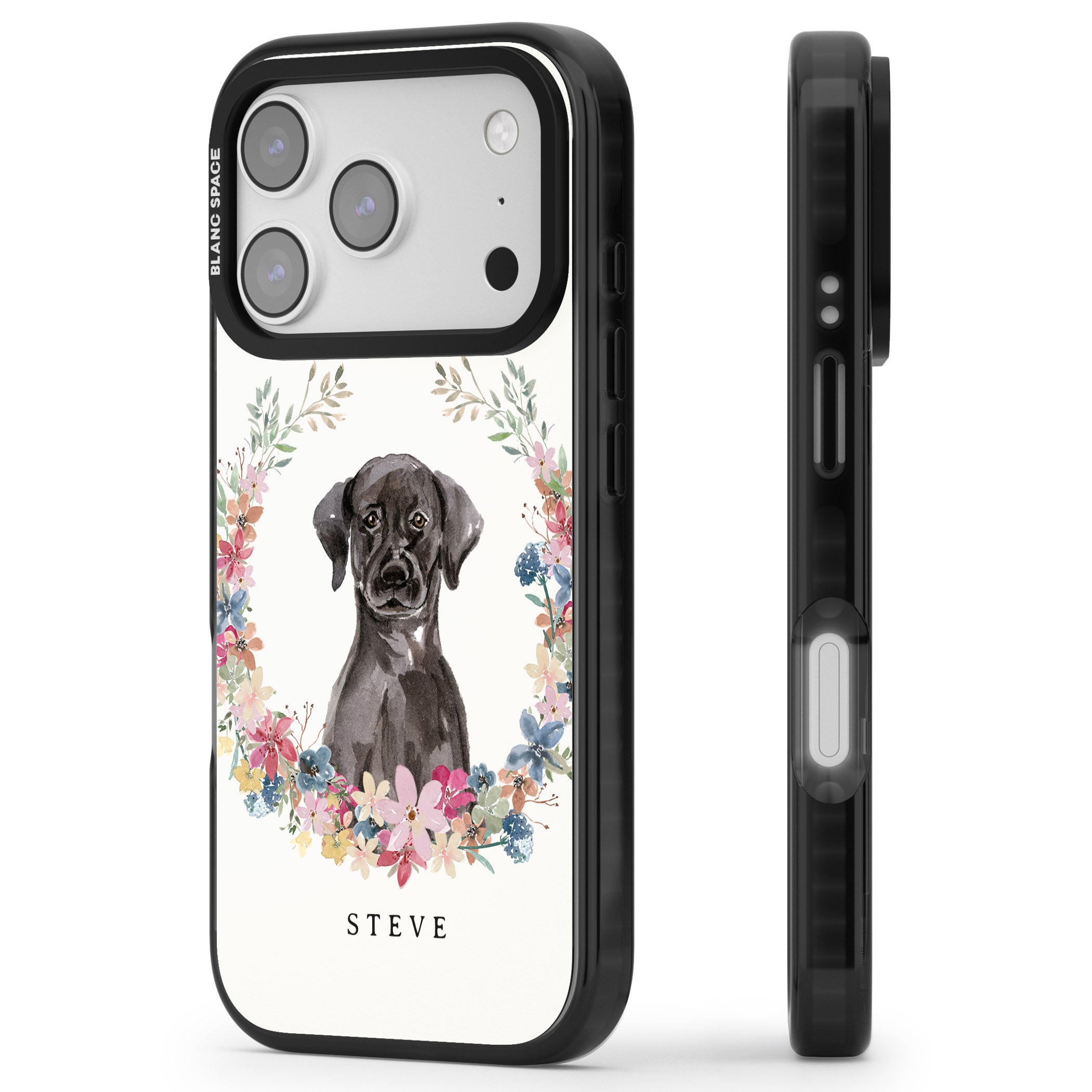 Personalised Black Labrador Floral Portrait iPhone 17 Pro Max Impact Black Phone Case Side Profile