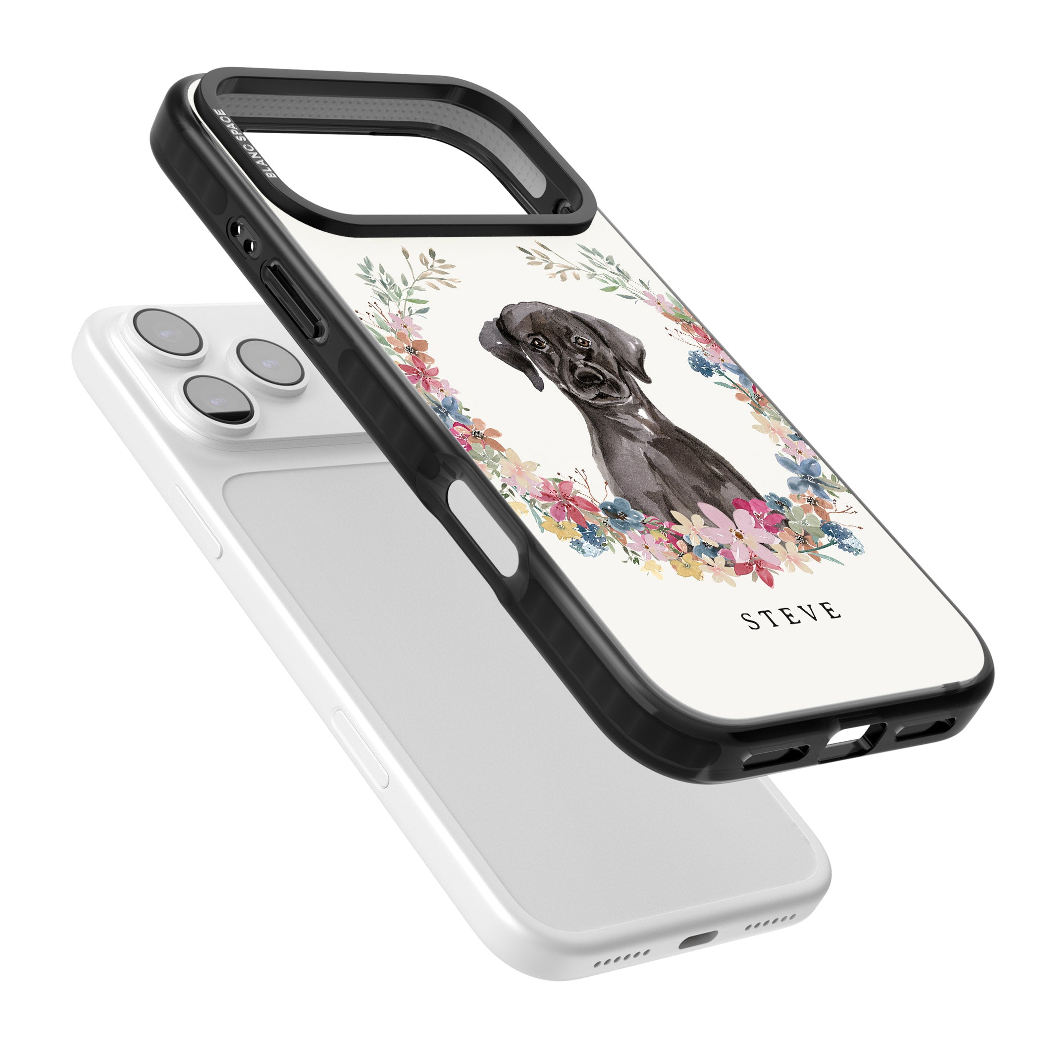 Personalised Black Labrador Floral Portrait iPhone 17 Pro Max Impact Black Phone Case Colours