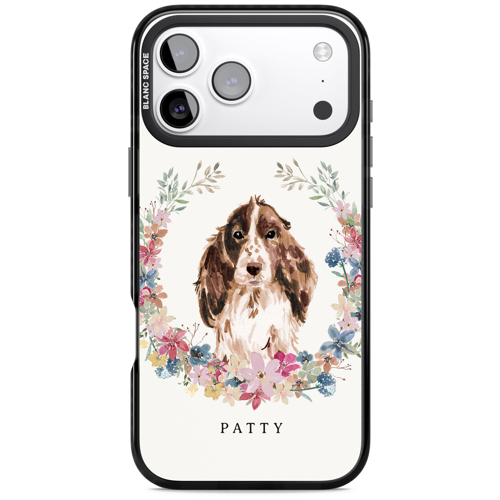Personalised Cocker Spaniel Floral Portrait iPhone 17 Pro Impact Black Phone Case