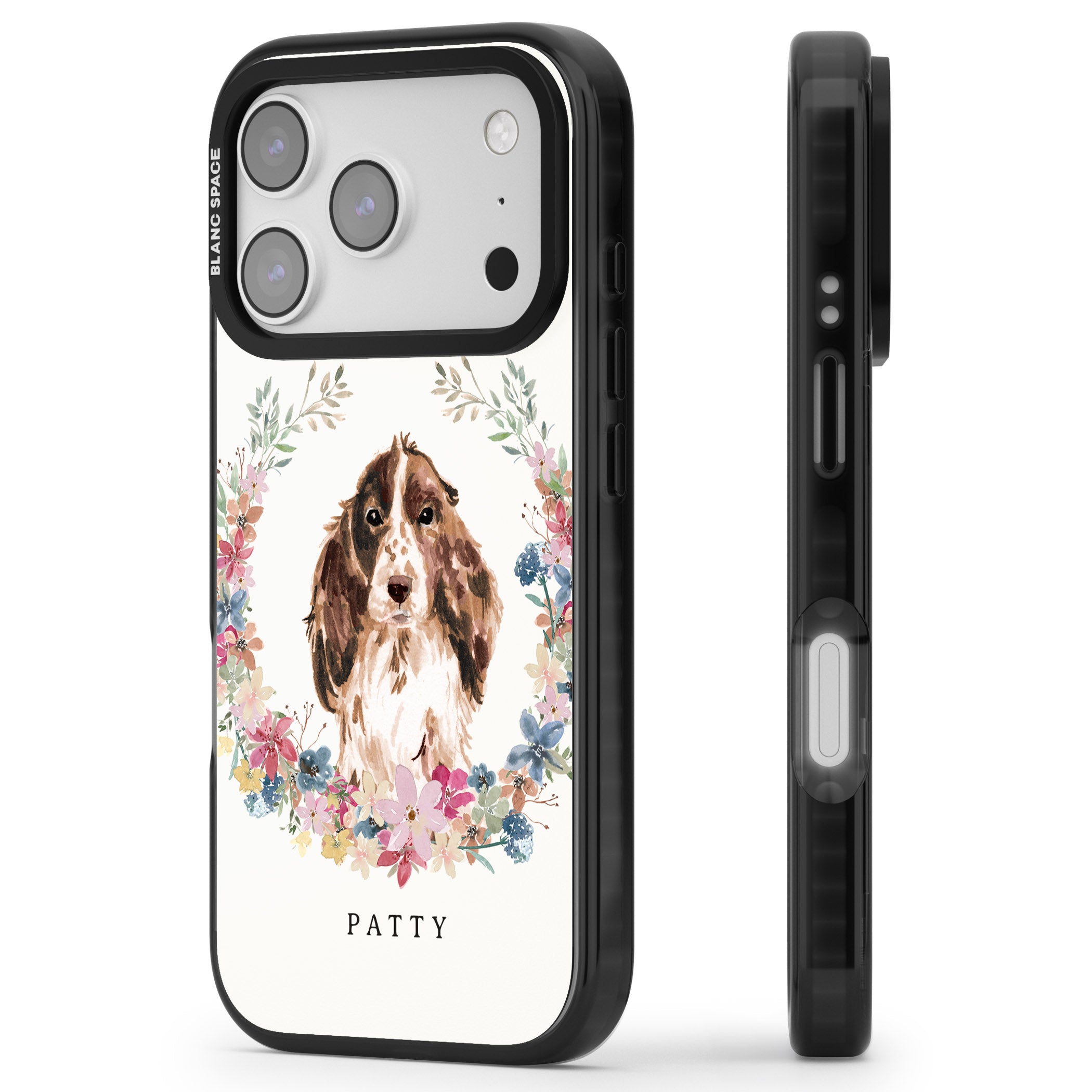 Personalised Cocker Spaniel Floral Portrait iPhone 17 Pro Impact Black Phone Case Side Profile