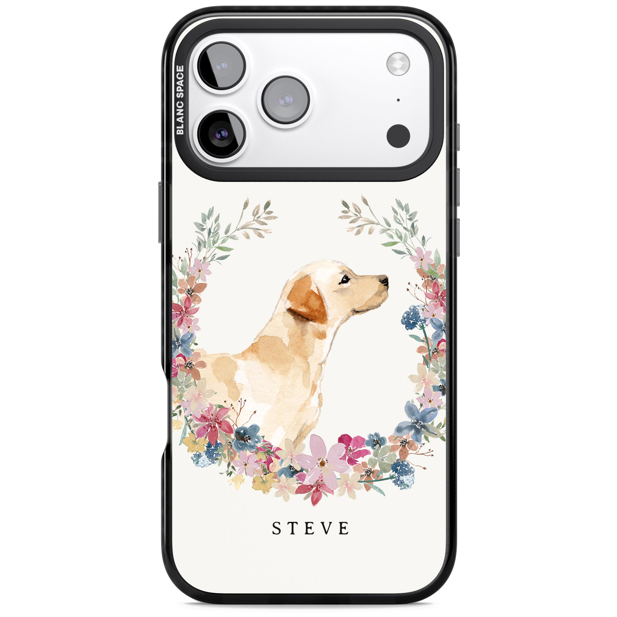 Personalised Yellow Labrador Floral Portrait iPhone 17 Pro Impact Black Phone Case