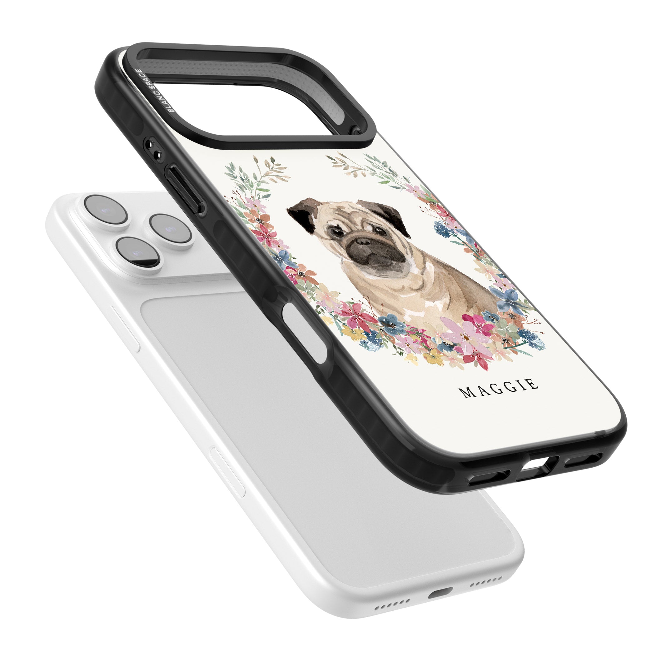 Personalised Pug Floral Portrait iPhone 17 Pro Impact Black Phone Case Colours