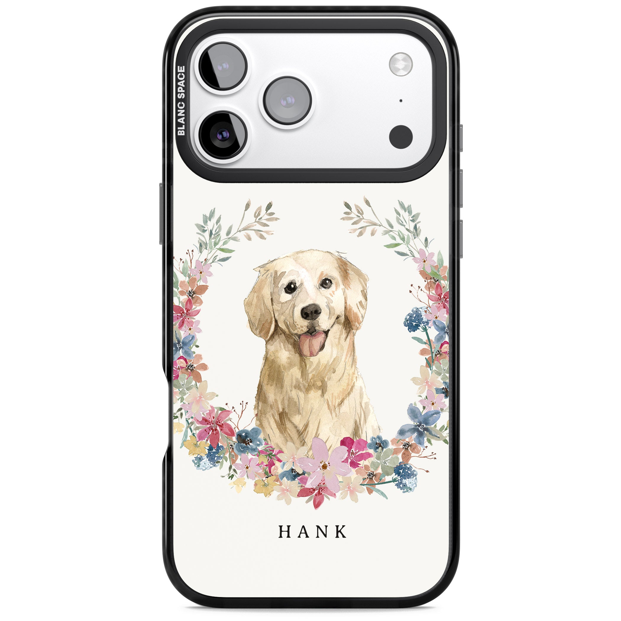 Personalised Golden Retriever Floral Portrait iPhone 17 Pro Impact Black Phone Case