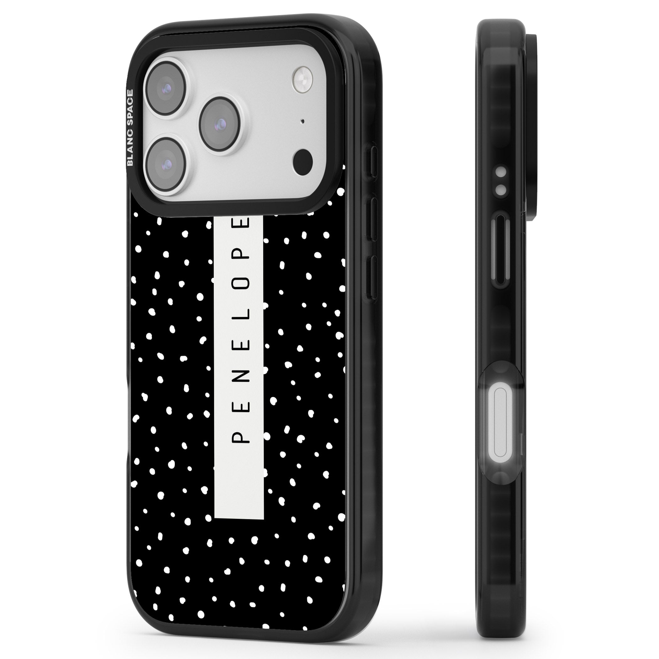 Personalised Black Dots iPhone 17 Pro Impact Black Phone Case Side Profile