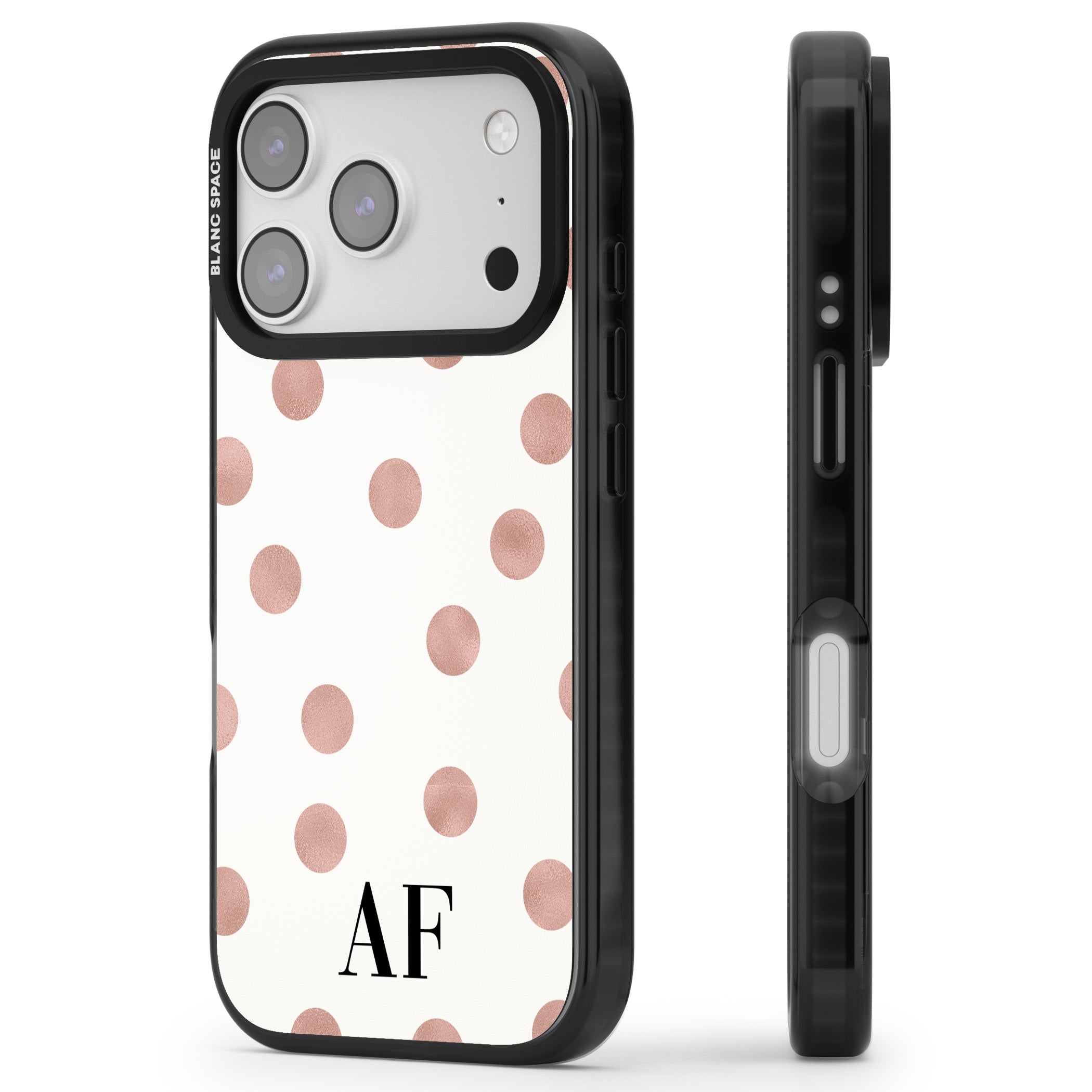 Personalised Rose Gold Dots & Initials iPhone 17 Pro Impact Black Phone Case Side Profile