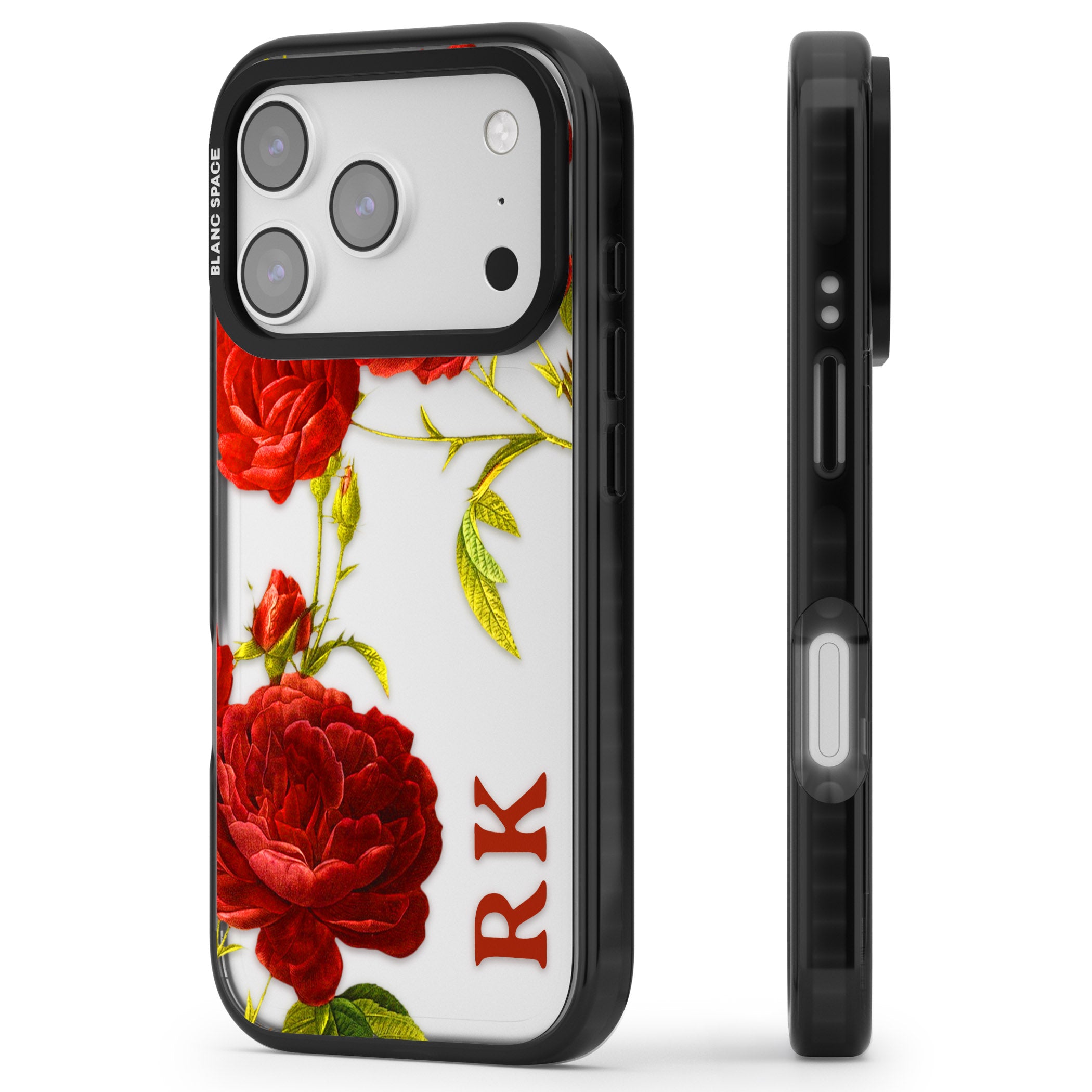 Personalised Vintage Floral Red Roses iPhone 17 Pro Impact Black Phone Case Side Profile