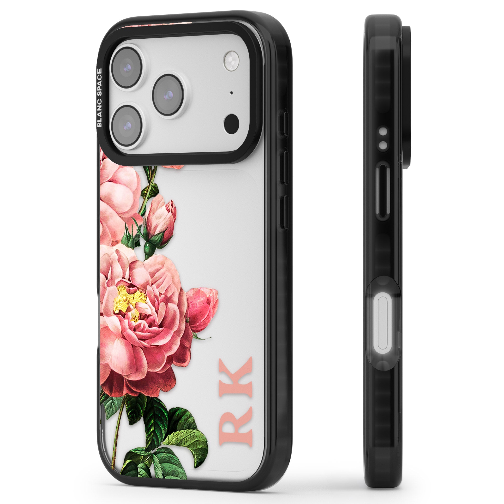 Personalised Vintage Floral Peonies iPhone 17 Pro Impact Black Phone Case Side Profile