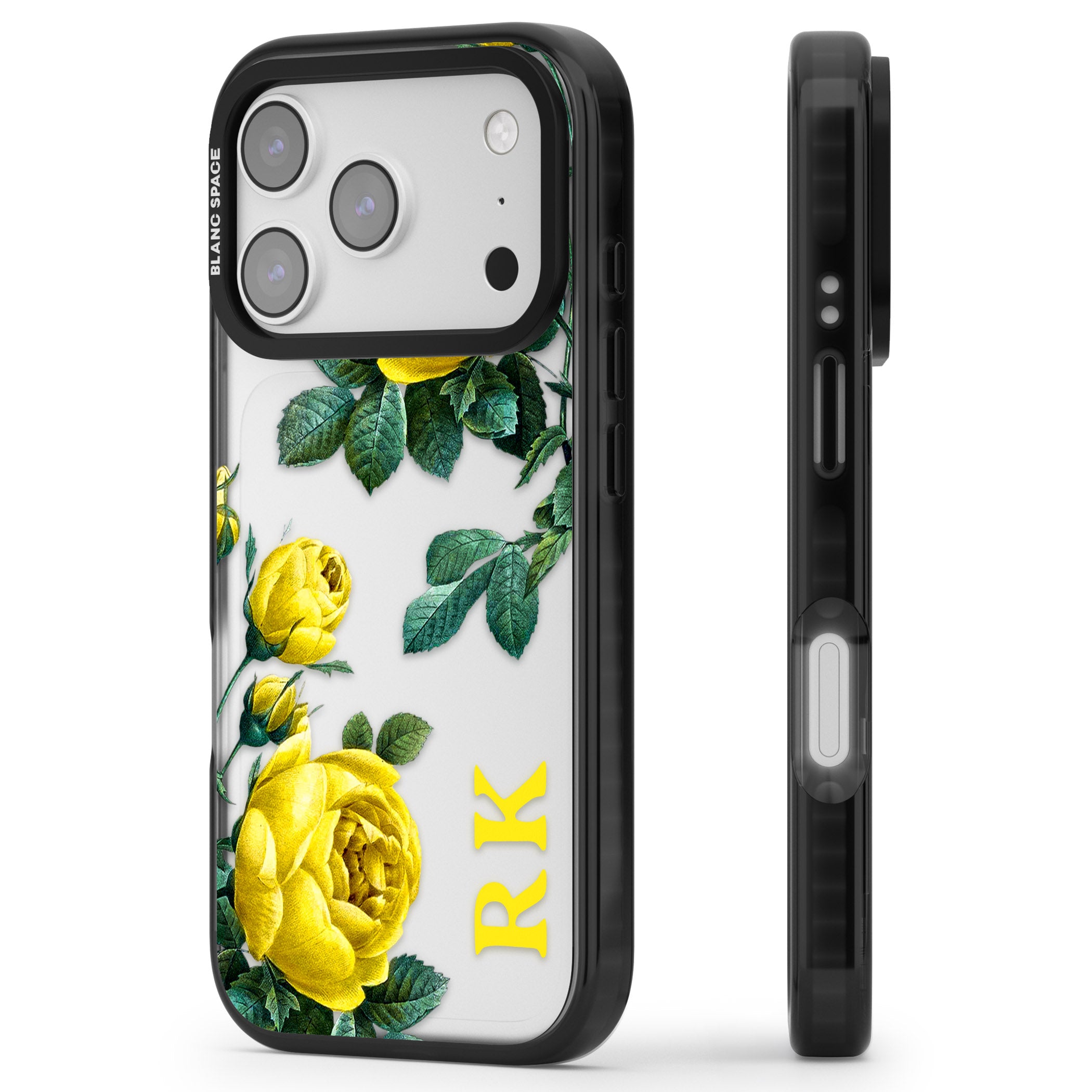 Personalised Vintage Floral Yellow Roses iPhone 17 Pro Impact Black Phone Case Side Profile