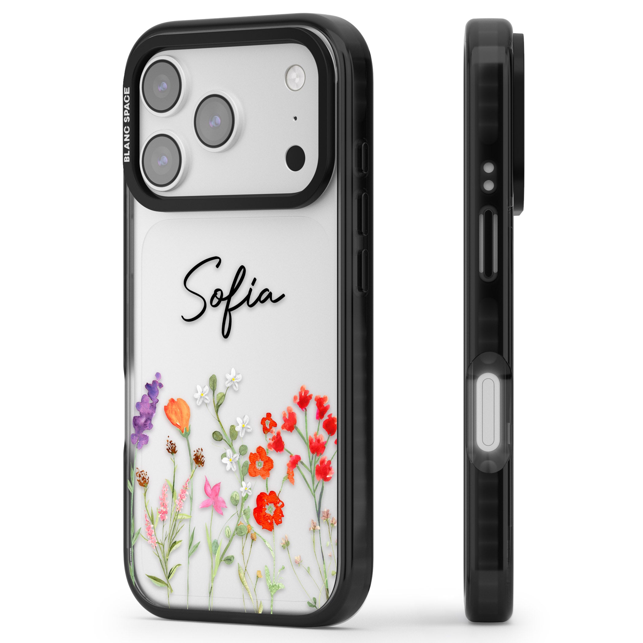 Personalised Spring Wildflowers iPhone 17 Pro Impact Black Phone Case Side Profile