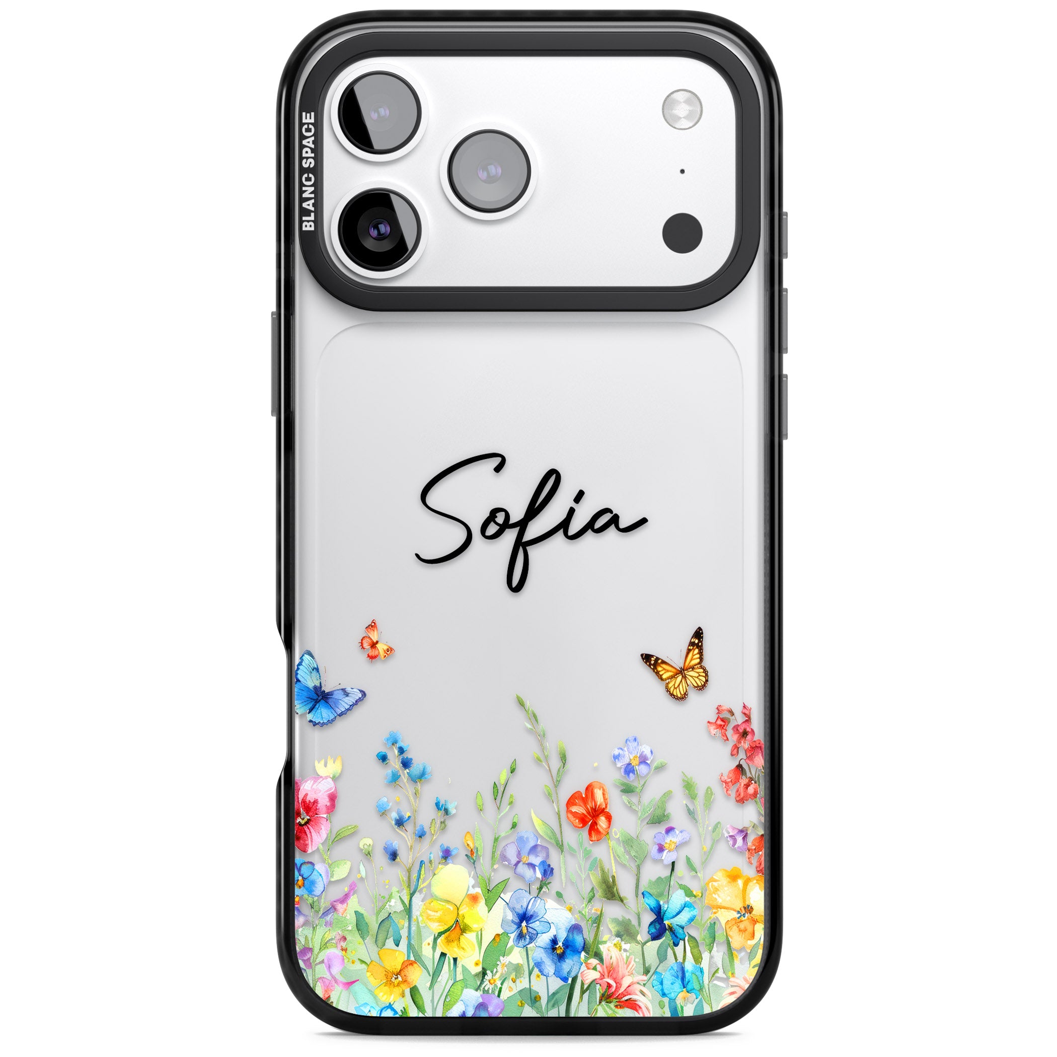 Personalised Buterflies Wildflowers iPhone 17 Pro Impact Black Phone Case