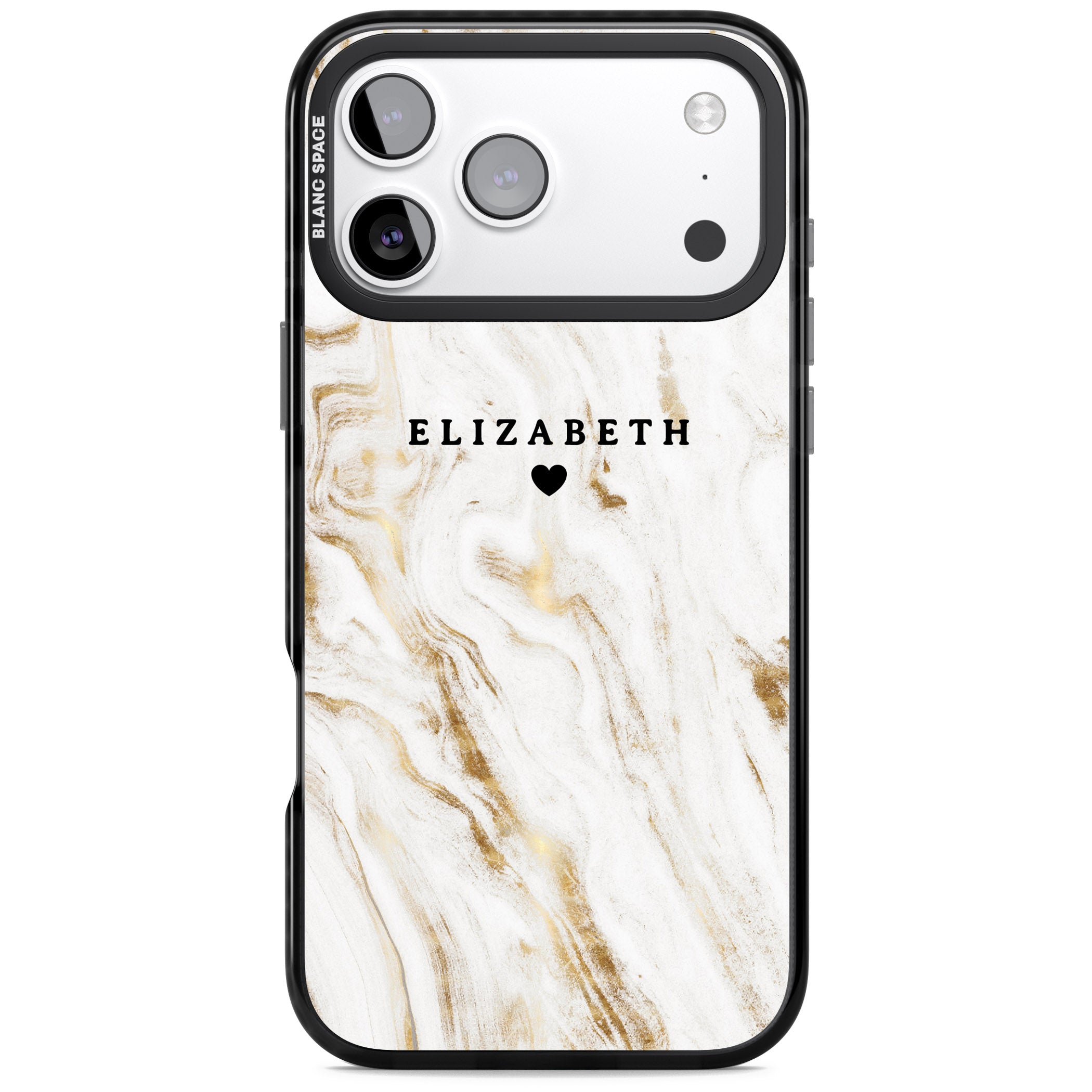 Personalised White & Gold Swirl Marble iPhone 17 Pro Max Impact Black Phone Case