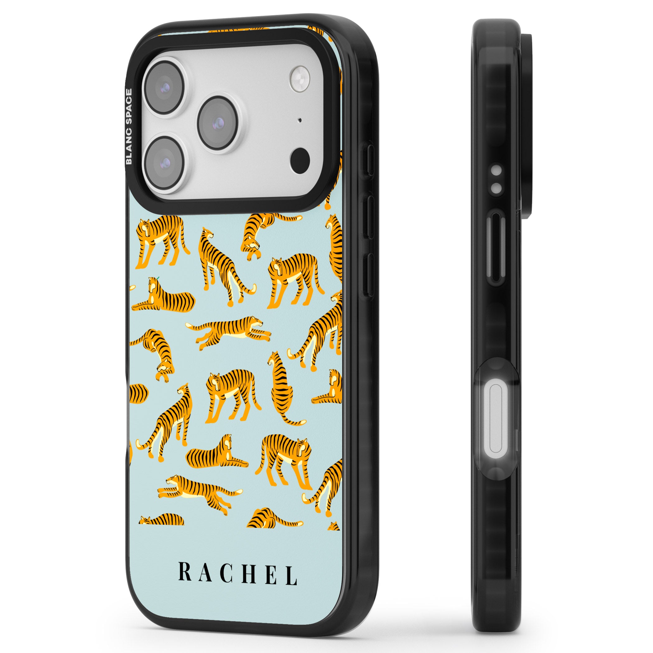 Personalised Turquoise Tiger Pattern iPhone 17 Pro Impact Black Phone Case Side Profile