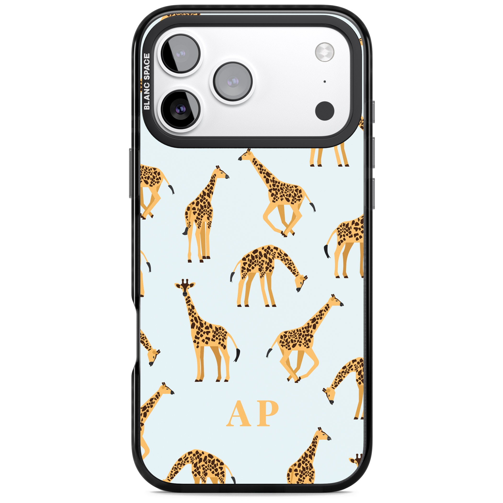 Personalised Safari Giraffe Pattern On Blue iPhone 17 Pro Impact Black Phone Case