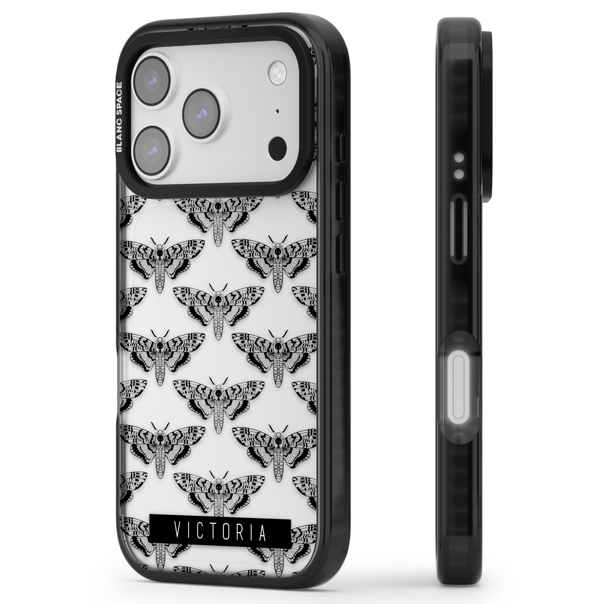 Personalised Hawk Moth Pattern iPhone 17 Pro Impact Black Phone Case Side Profile