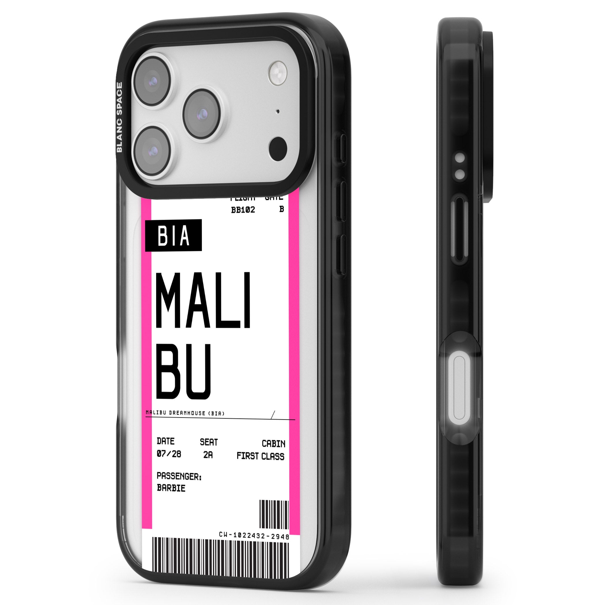 Personalised Pink Malibu Boarding Pass iPhone 17 Pro Impact Black Phone Case Side Profile